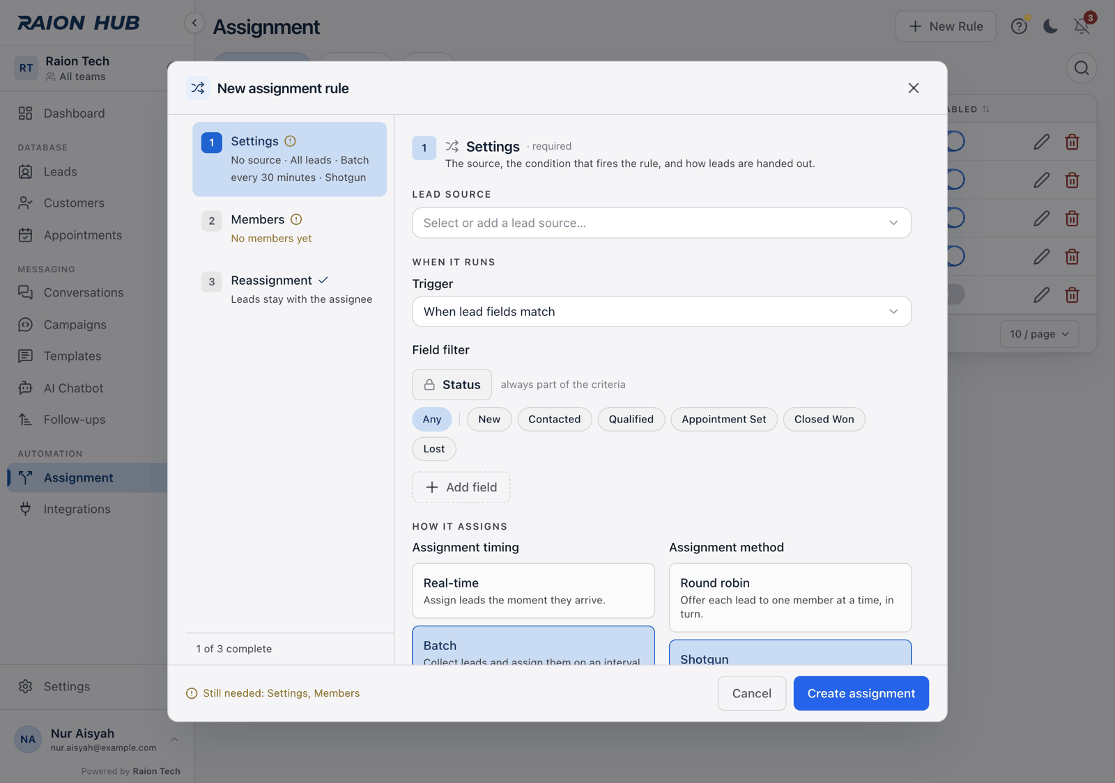 The New assignment rule window: a numbered stage rail down the left reading Settings, Members and Reassignment, with the Lead source dropdown and the When it runs group filling the right