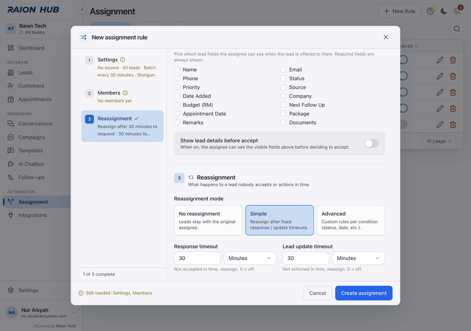 The Reassignment mode tiles with Simple selected, and beneath them the Response timeout and Lead update timeout fields, each a number with a unit dropdown and a caption