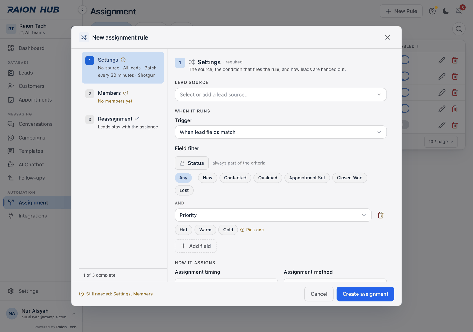 The Field filter: a locked Status token captioned always part of the criteria with an Any pill and status pills beside it, the word and, then a second field block with its own pills and a trash button
