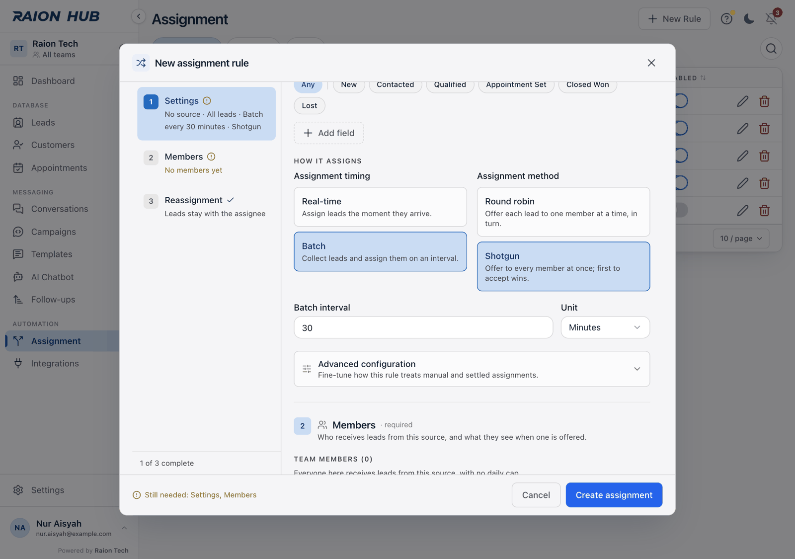 The How it assigns group: Real-time and Batch tiles on the left with their descriptions, Round robin and Shotgun on the right, and the Auto-acceptance switch beneath