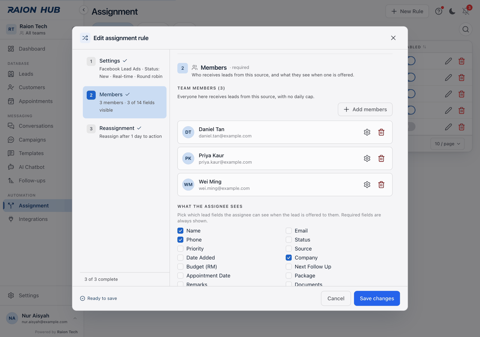 The Members stage: the Team members list with a gear and trash on each row, and beneath it the What the assignee sees checkbox grid with the Show lead details before accept switch