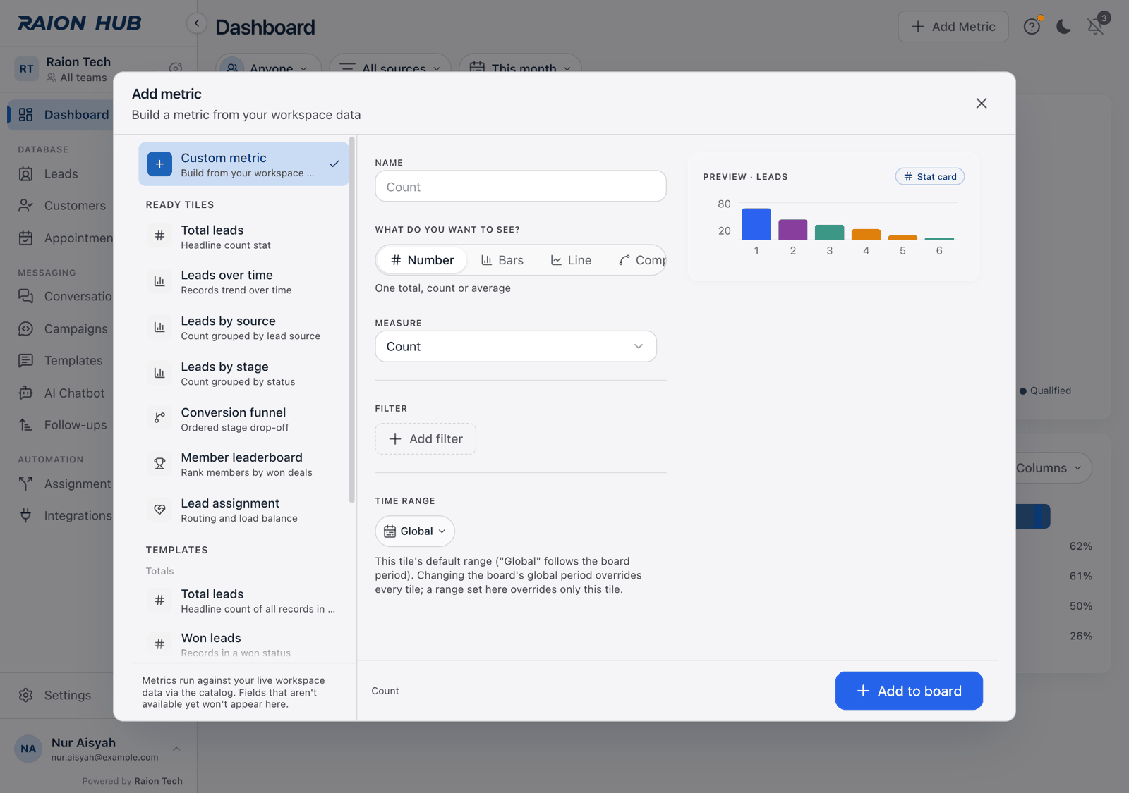 The What do you want to see control in the metric builder, showing Number, Bars, Line and Compare