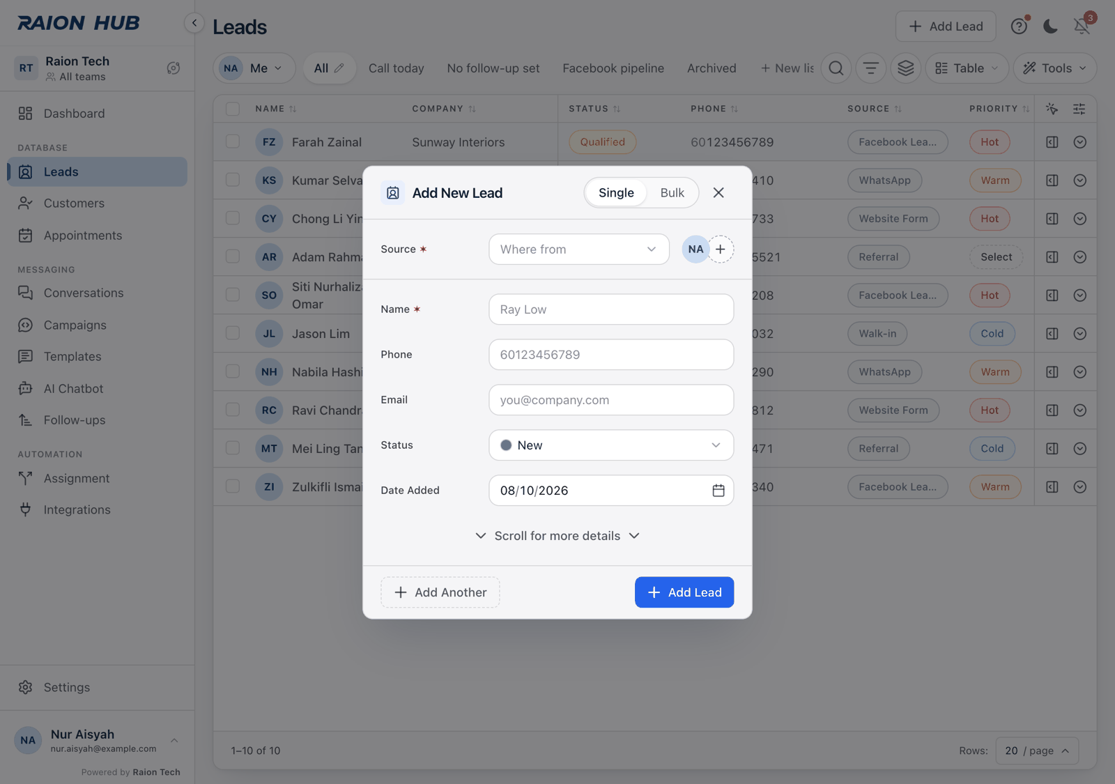 The Add New Lead form open over the contact list, showing the Single and Bulk picker, the Source and Owner band, and the Name, Phone and Email rows