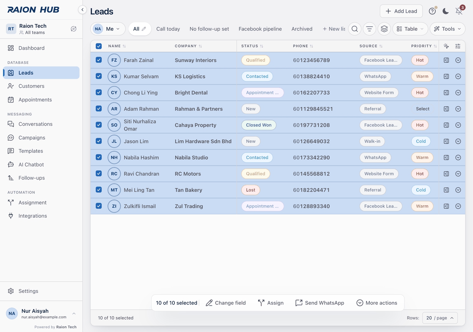 The bulk actions bar over the bottom of the table, with the selected count, Change field, Assign, Send WhatsApp and More actions