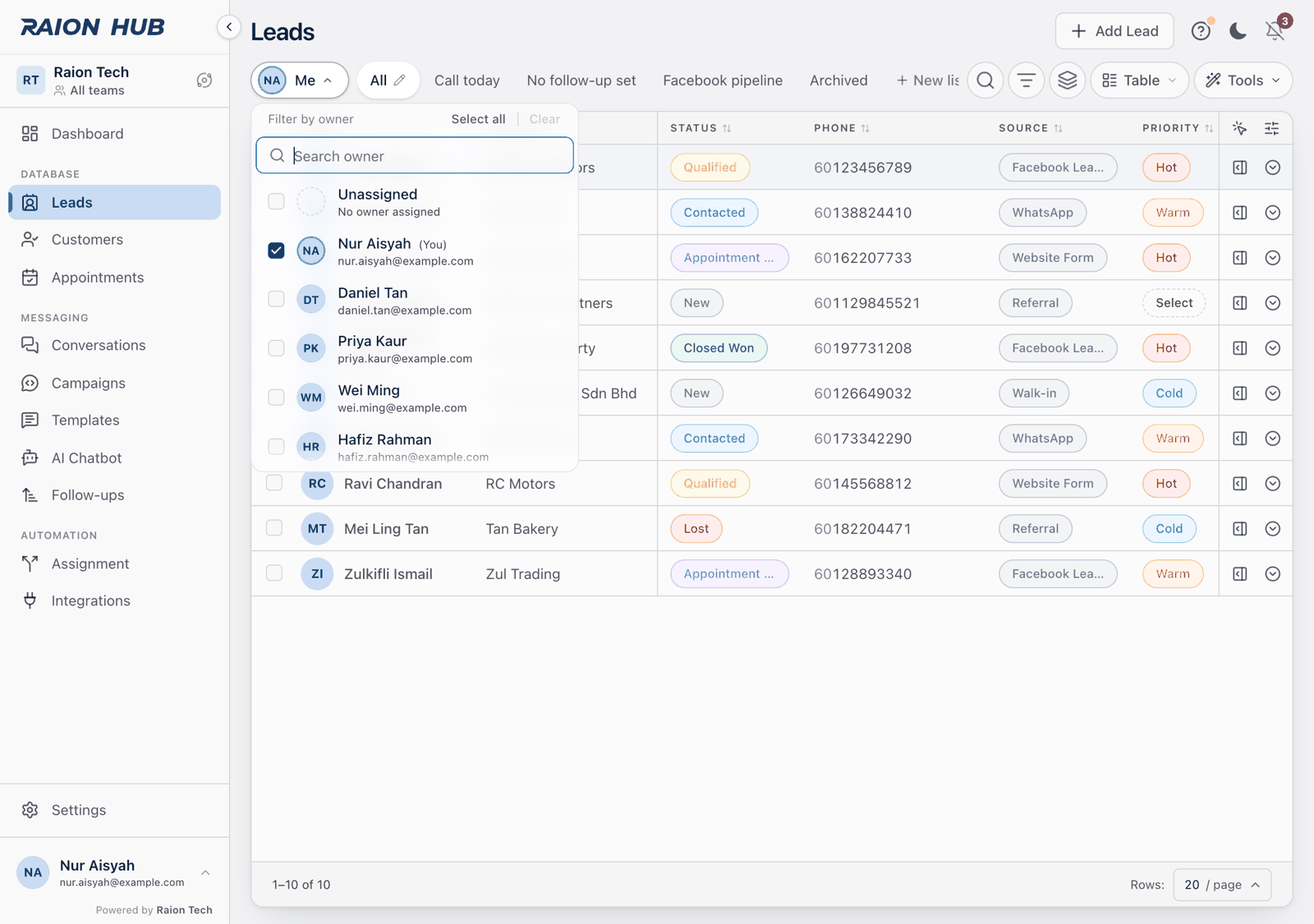 The Owner popover open with Select all and Clear, a search box, an Unassigned row and one row per team member