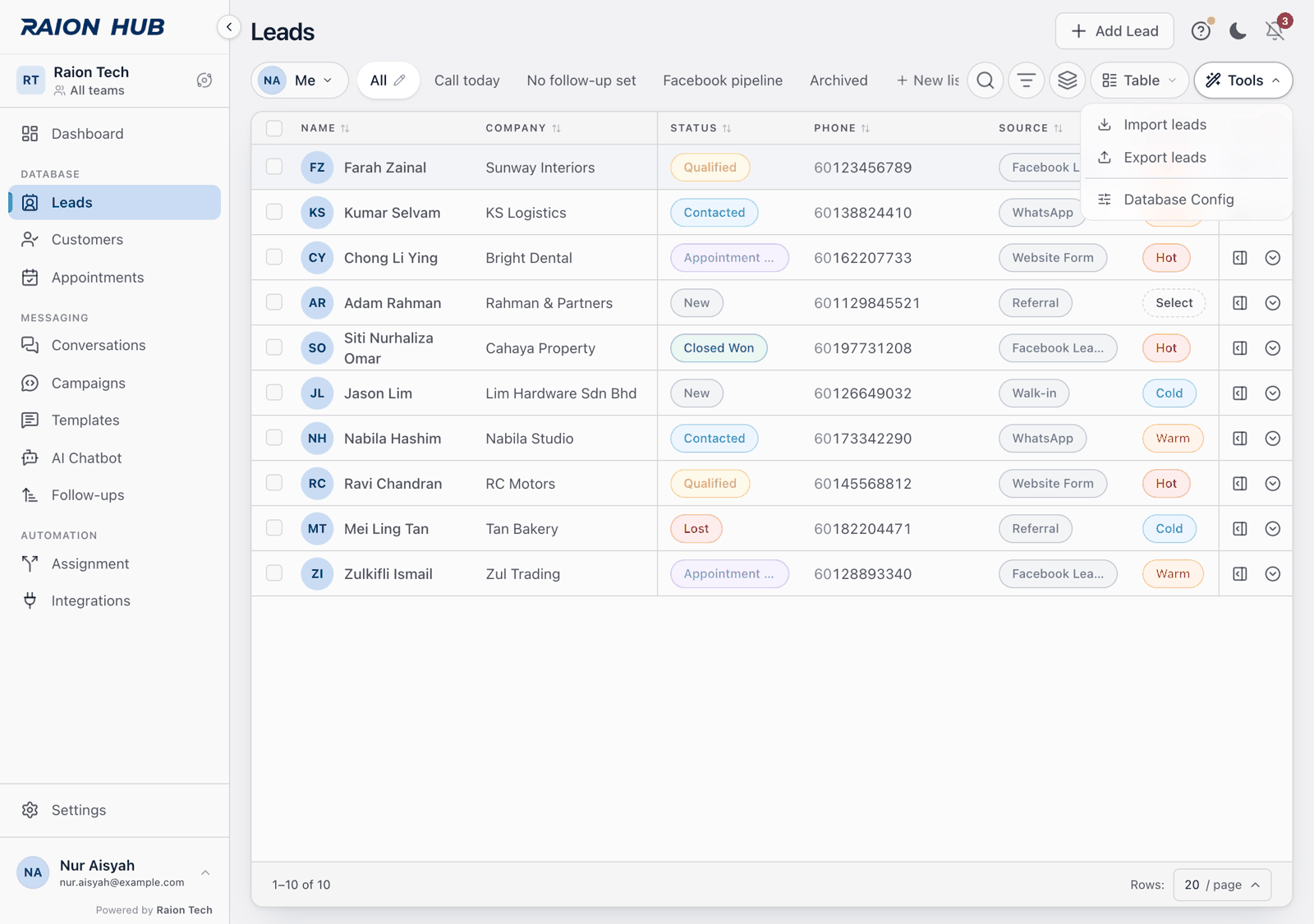 The Tools menu open with Import leads, Export leads and Database Config