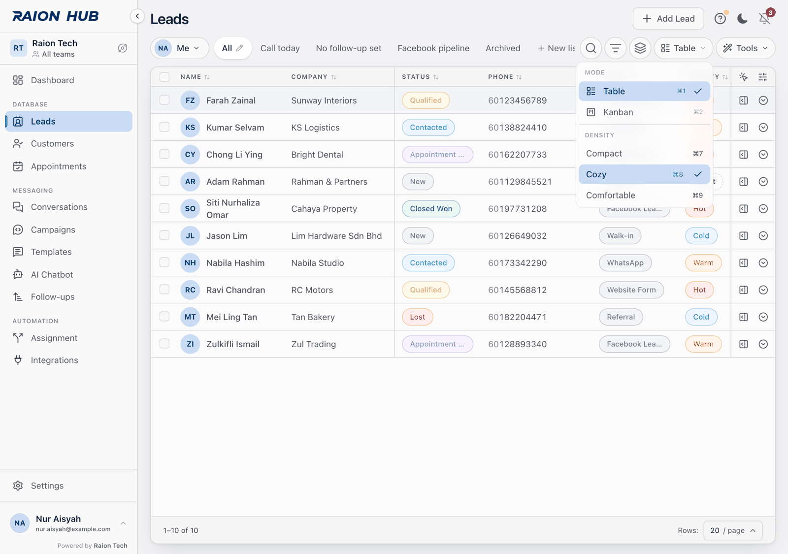 The View menu open, showing Mode with Table and Kanban, and Density with Compact, Cozy and Comfortable