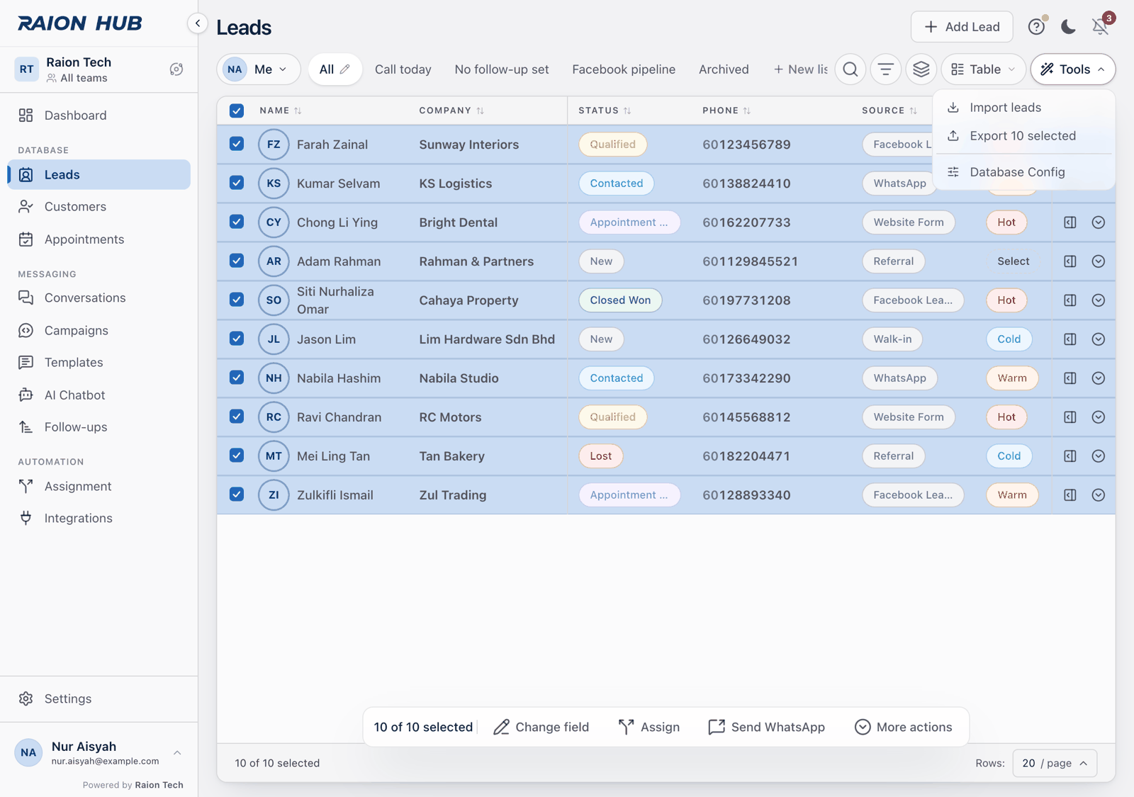 The Tools menu with rows selected, the export row reading Export 10 selected