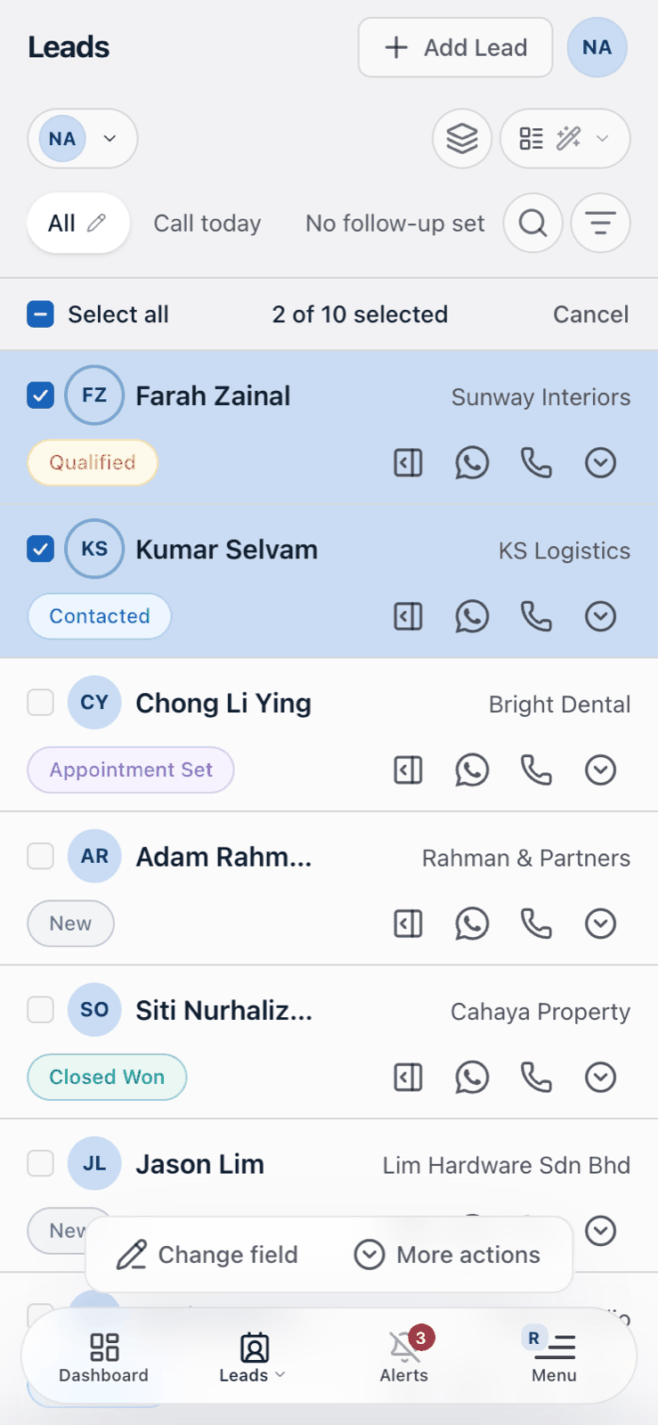 The mobile card list in select mode, with the Select all banner above it and two cards ticked