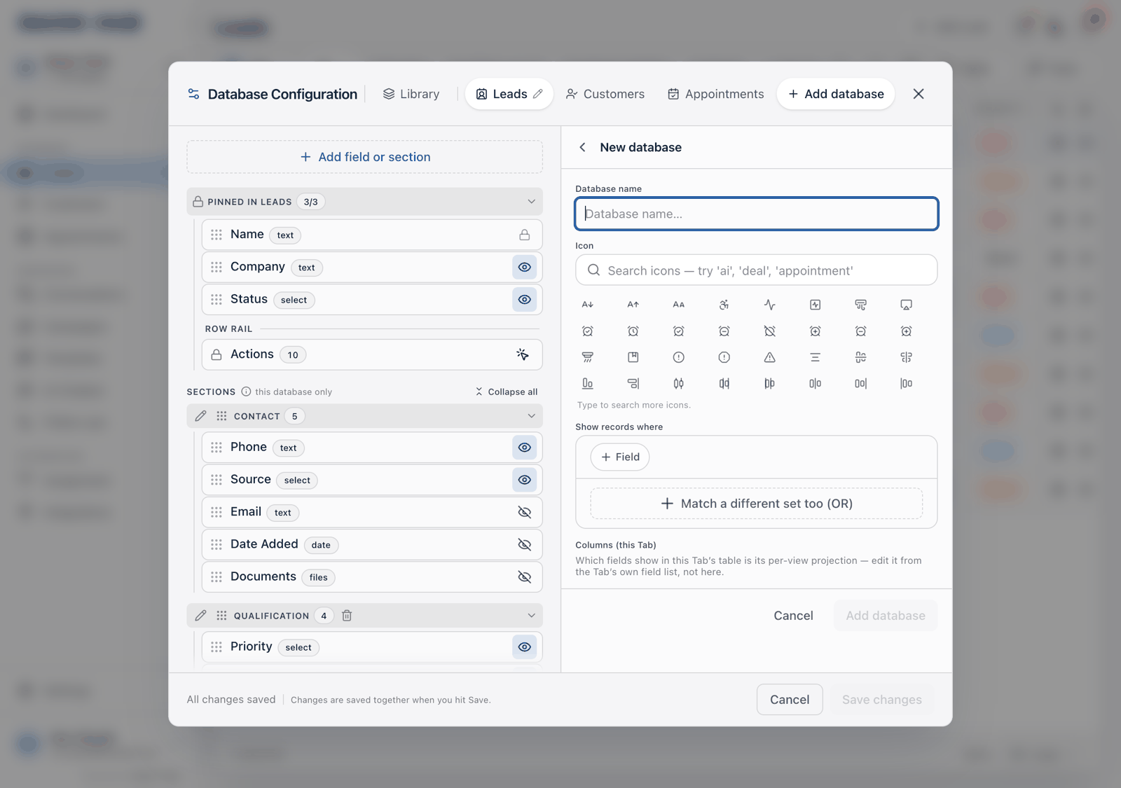 The New database panel showing the Database name field, the icon search and grid, and Show records where