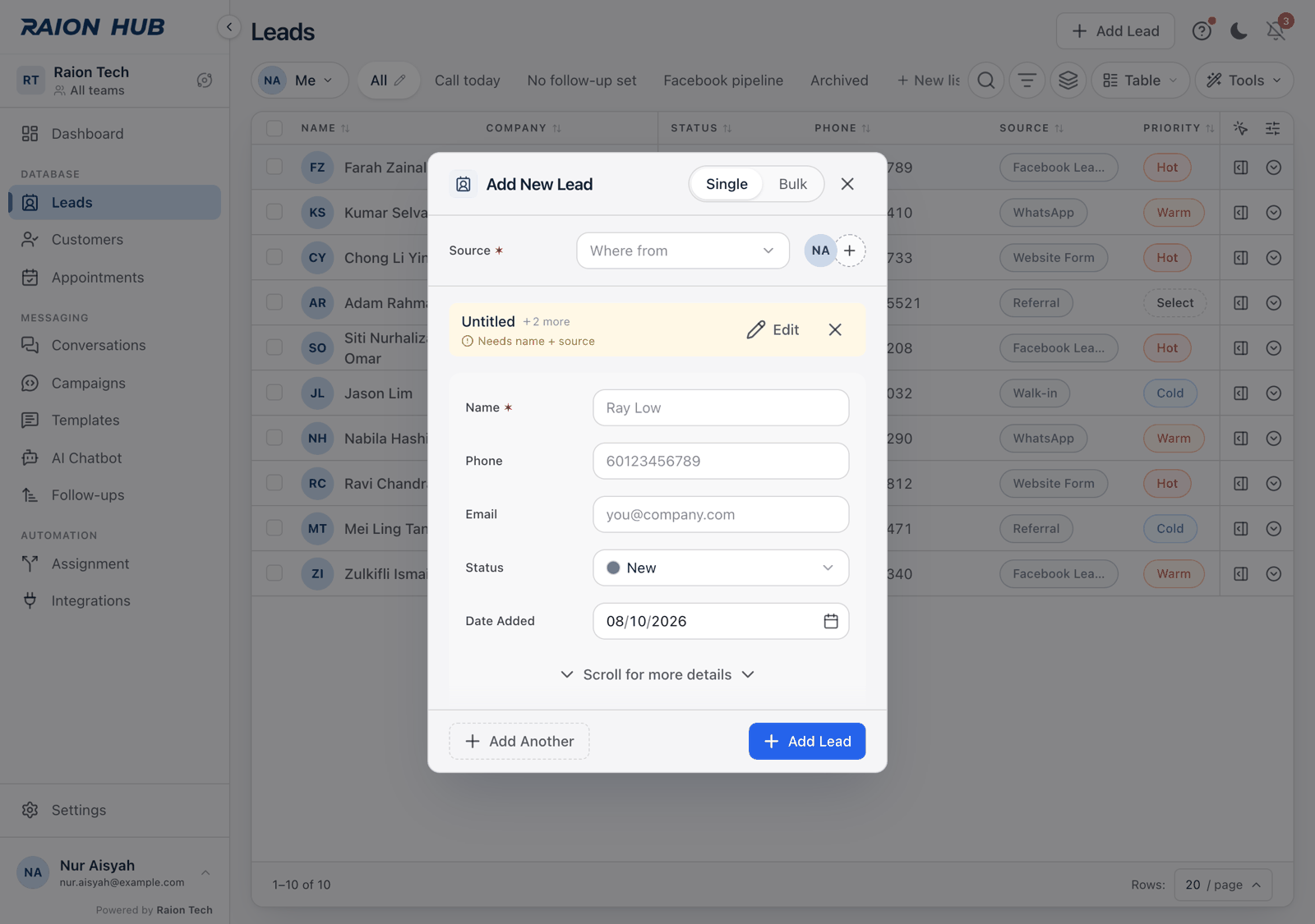The Add New Lead form with one contact folded into a summary row above a fresh empty entry card