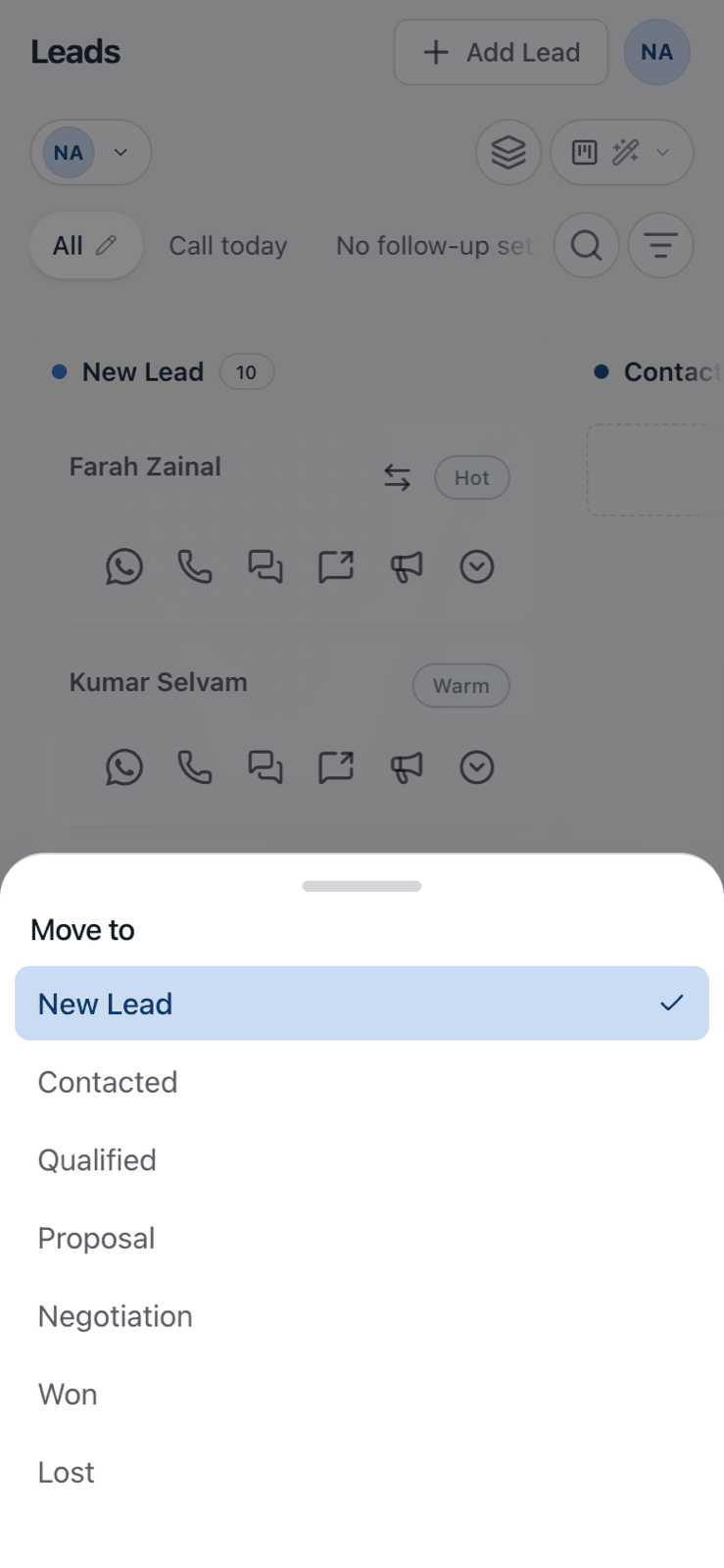 A Kanban card on a phone with its Move to menu open, listing every column and ticking the current one