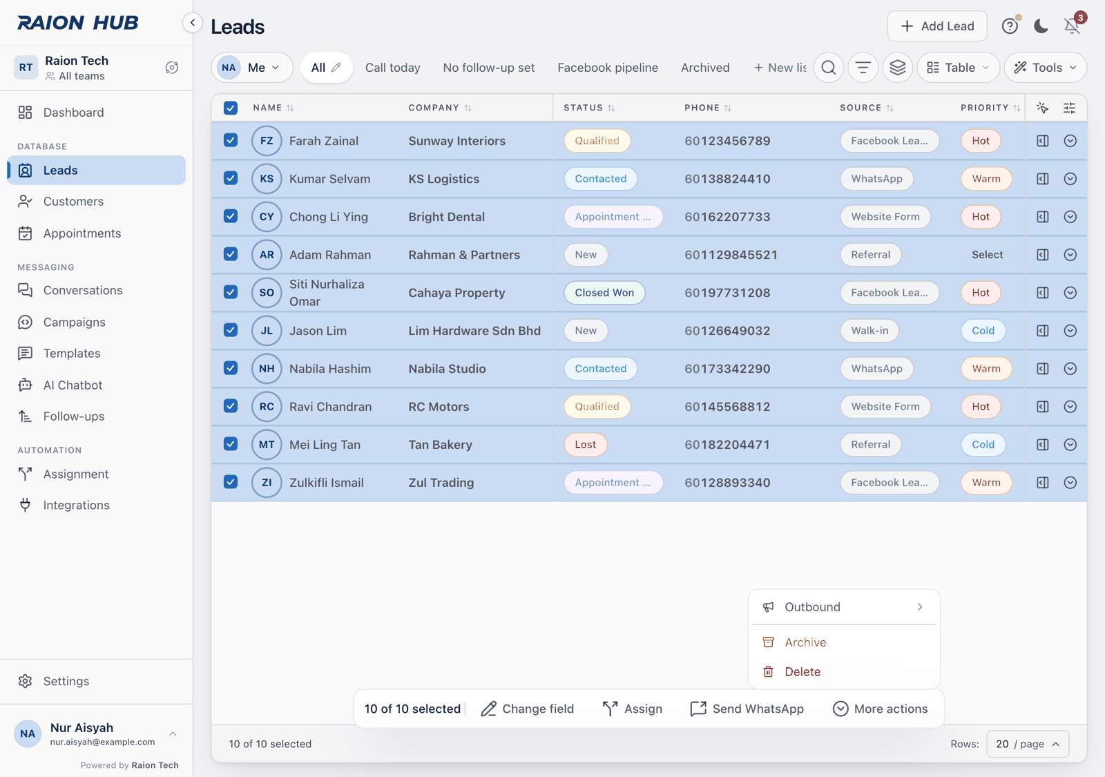The More actions menu open, with the Outbound submenu, Archive and Delete