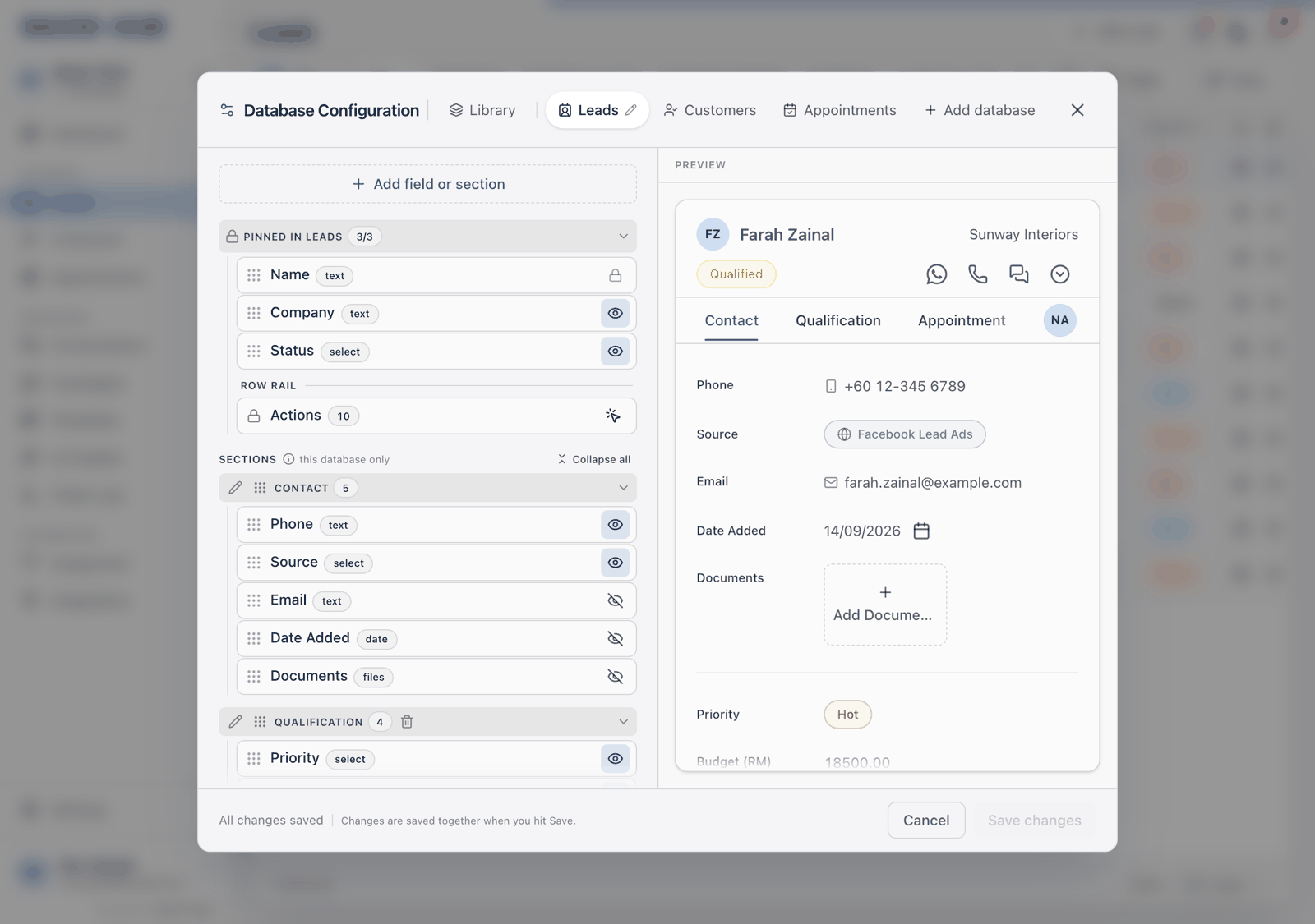 A database's field list in Database Configuration with the dashed Add field or section button at the top