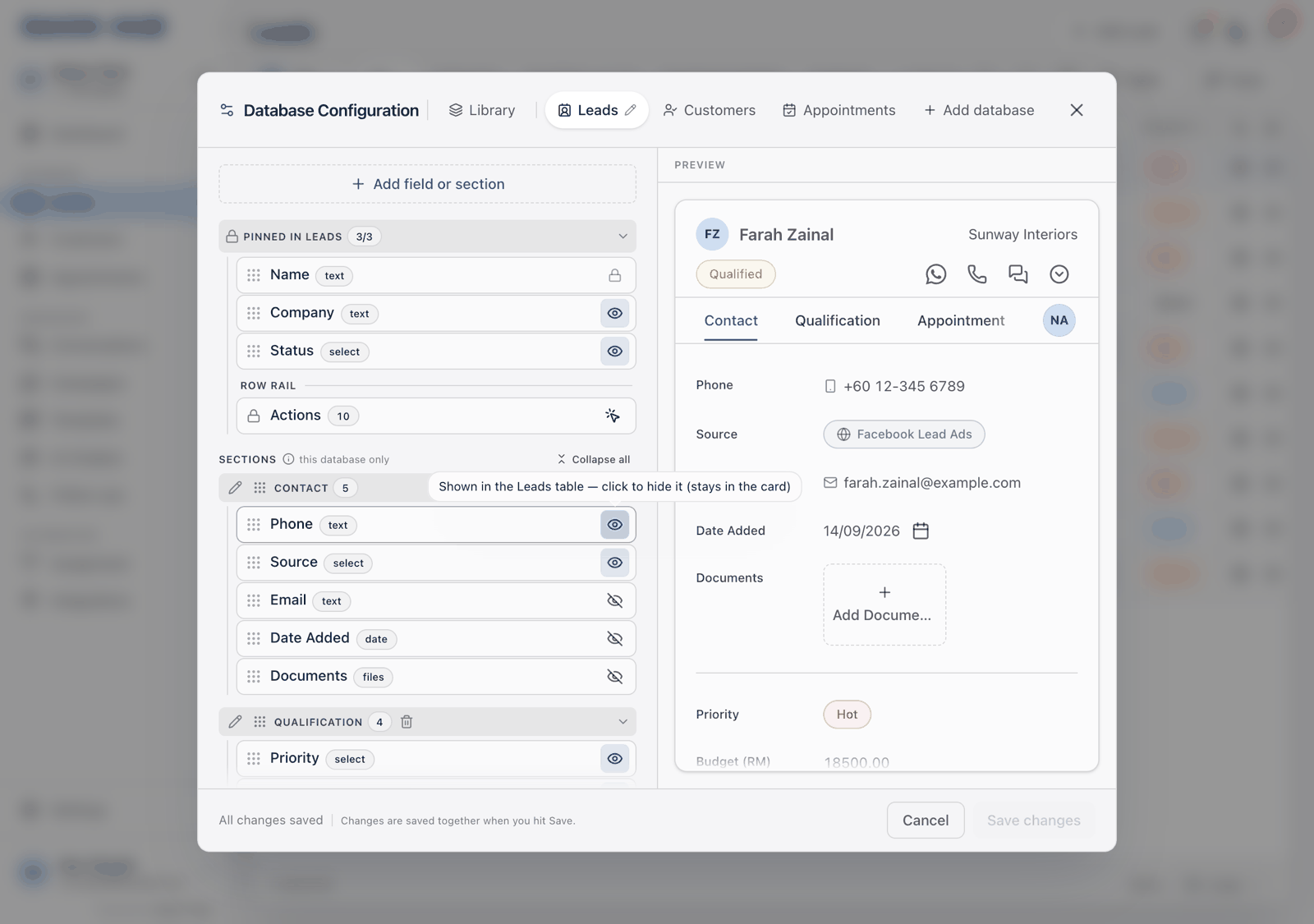 A field row in Database Configuration with its eye button hovered, showing the tooltip about hiding it from the table while it stays in the card