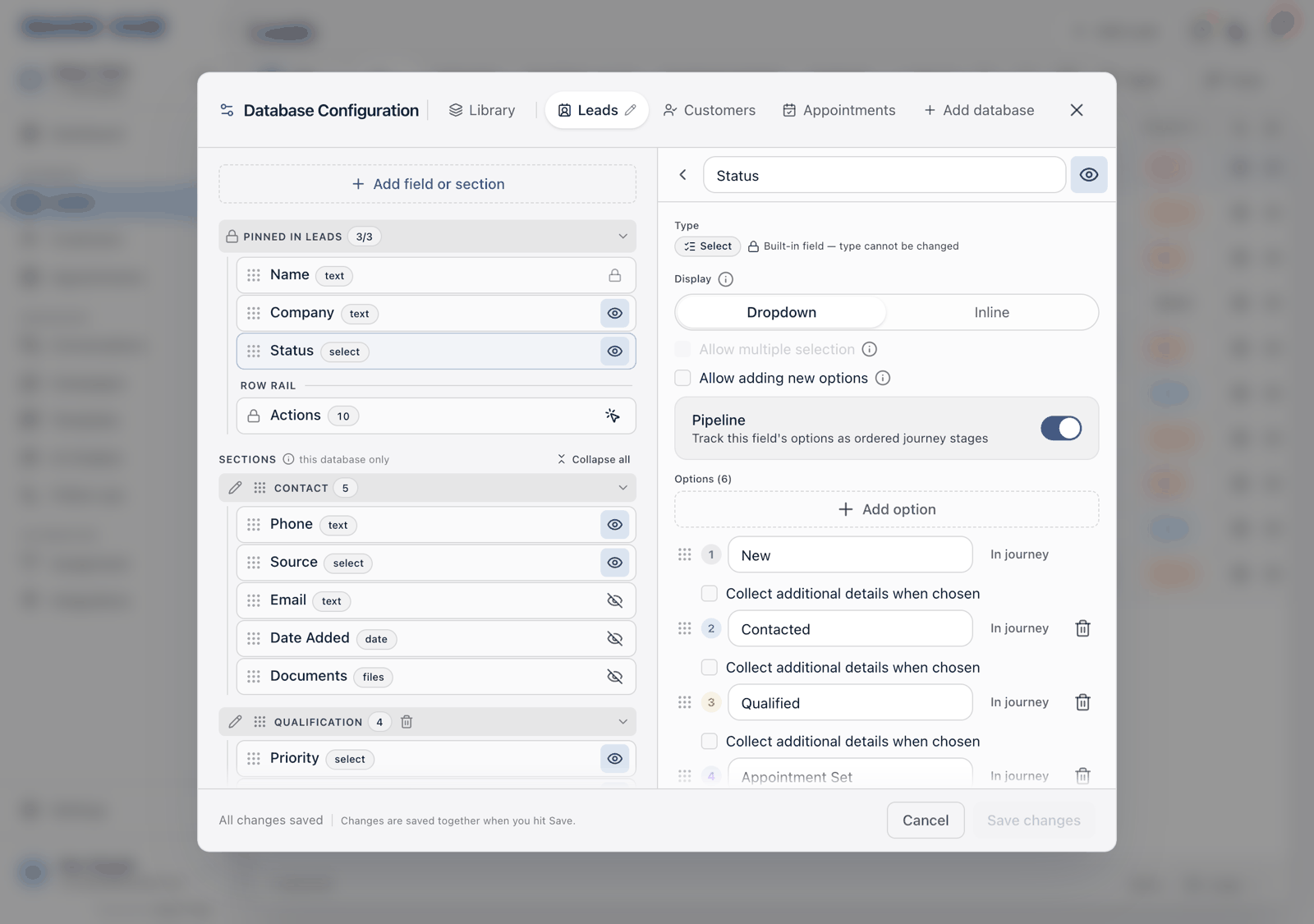 A Select field's settings showing Display with Dropdown and Inline, the Allow multiple selection and Allow adding new options checkboxes, and the Pipeline switch