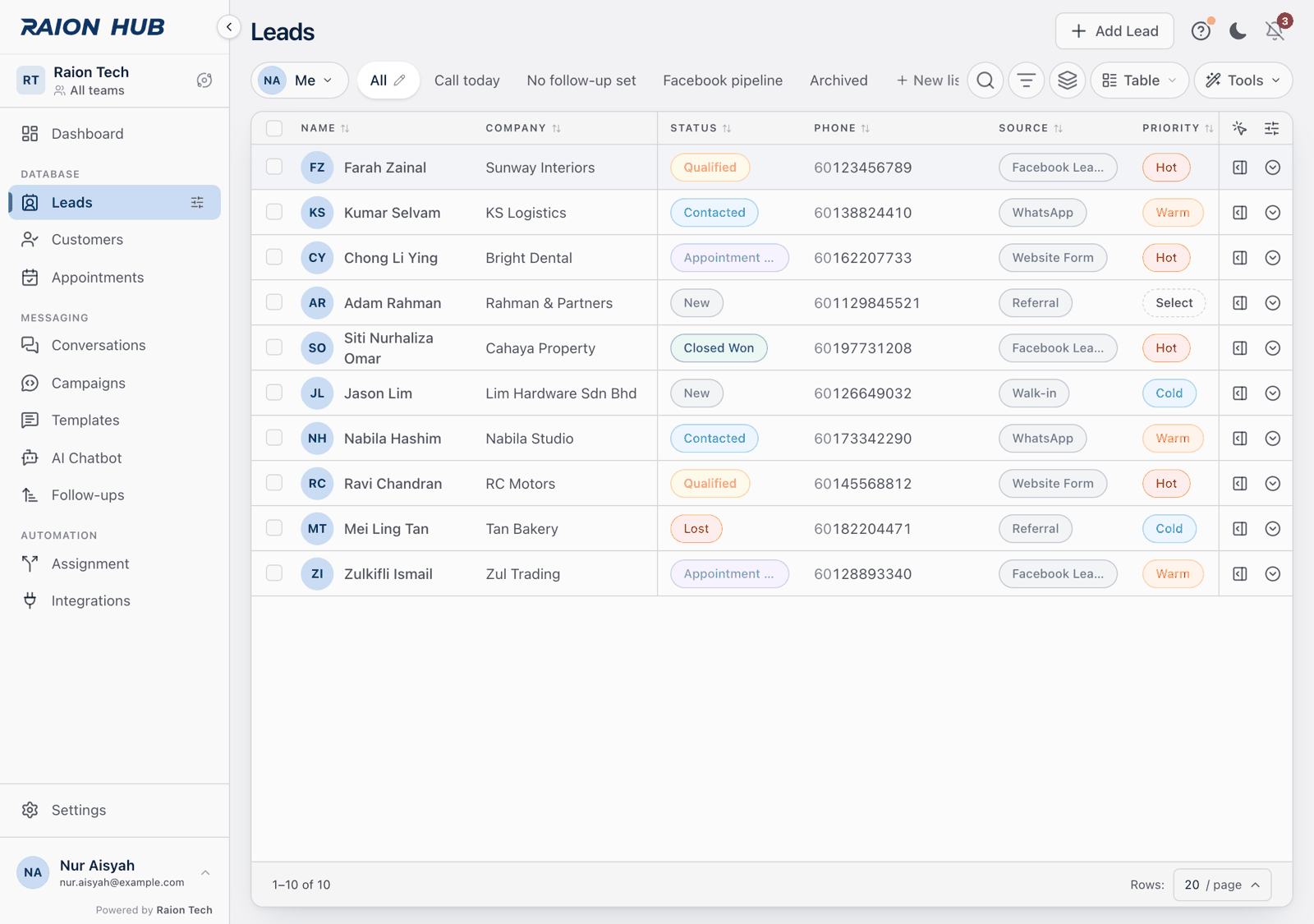The Raion Hub sidebar with the Database group expanded and a gear showing on the Leads row