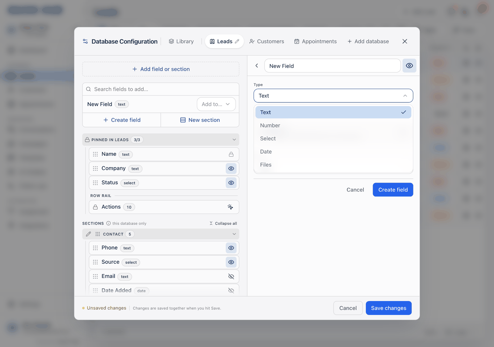 The Type dropdown open in the field editor, listing Text, Number, Select, Date and Files