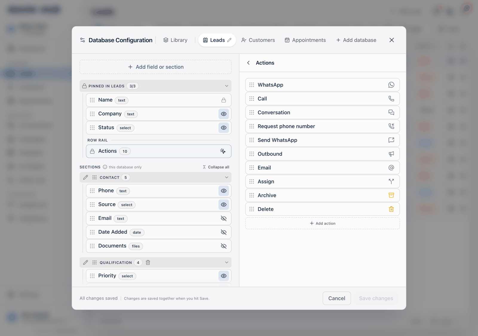 The Actions list in Database Configuration, showing the built-in actions in order with drag grips and coloured glyphs, and a dashed Add action button at the bottom