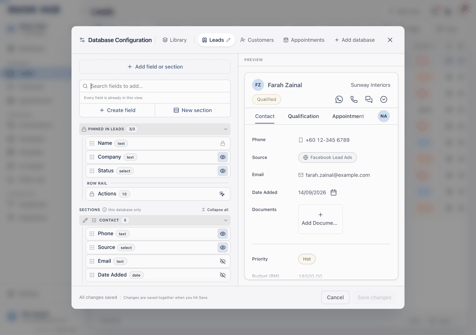 The add-field popup listing existing workspace fields, each with a type pill and an Add to dropdown, and Create field and New section buttons in the footer