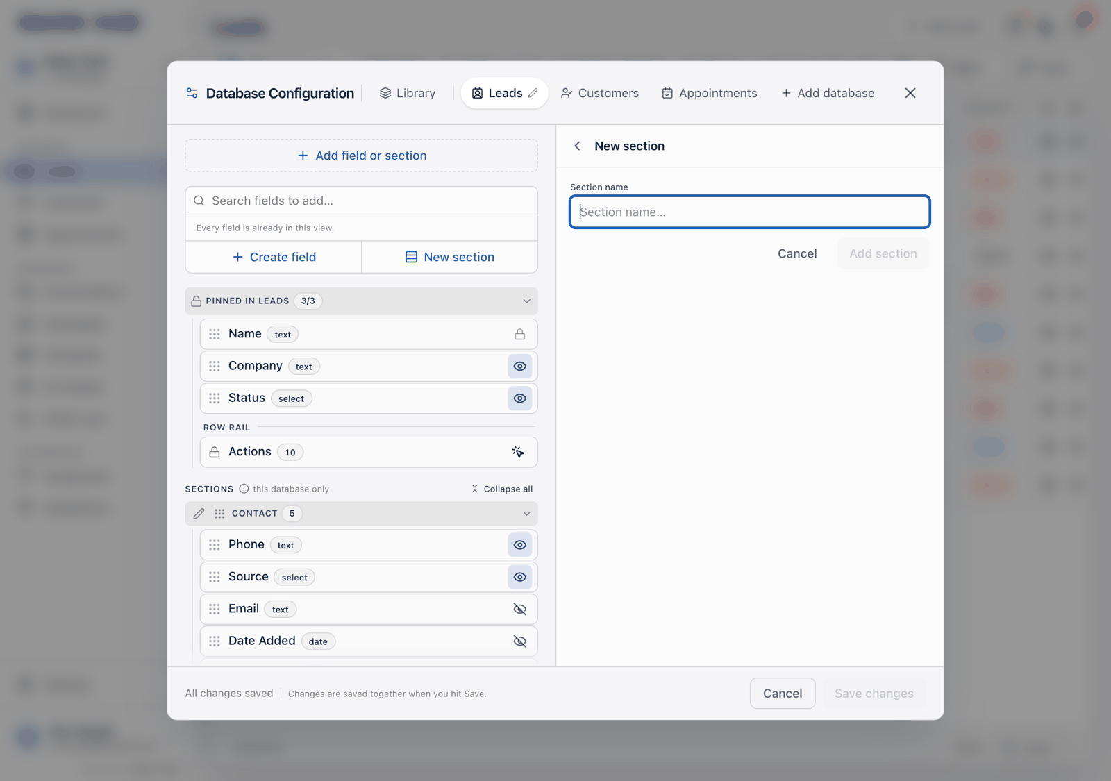 The New section form in the right pane with a Section name box and Cancel and Add section buttons