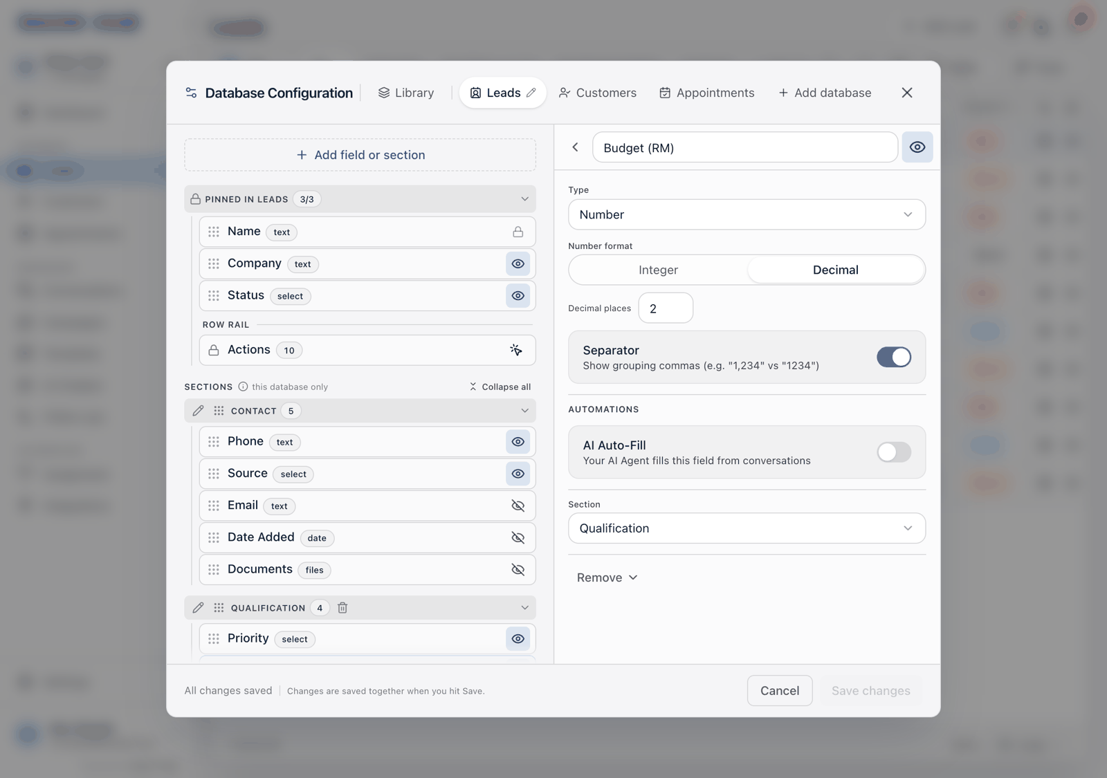 A Number field's settings showing the Integer and Decimal segmented control with Decimal selected and a Decimal places box reading 2