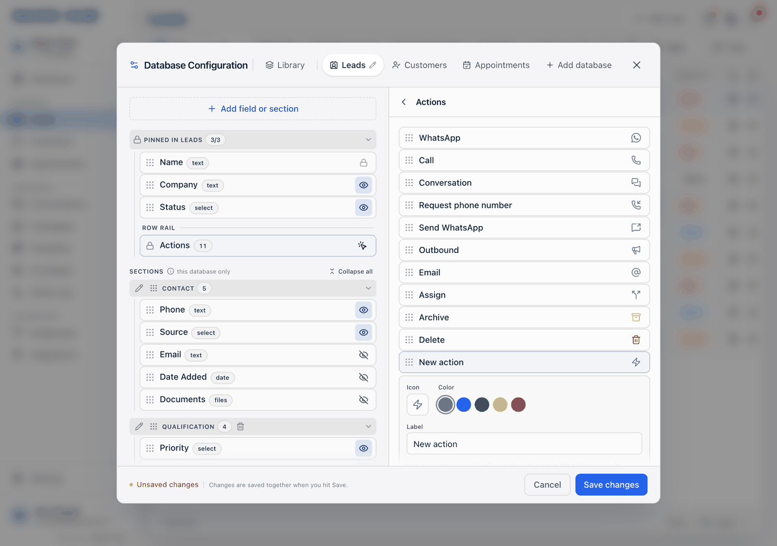 A custom action's editor expanded inline beneath its row, showing the Icon button, five Color swatches, a Label box and a red Remove action button