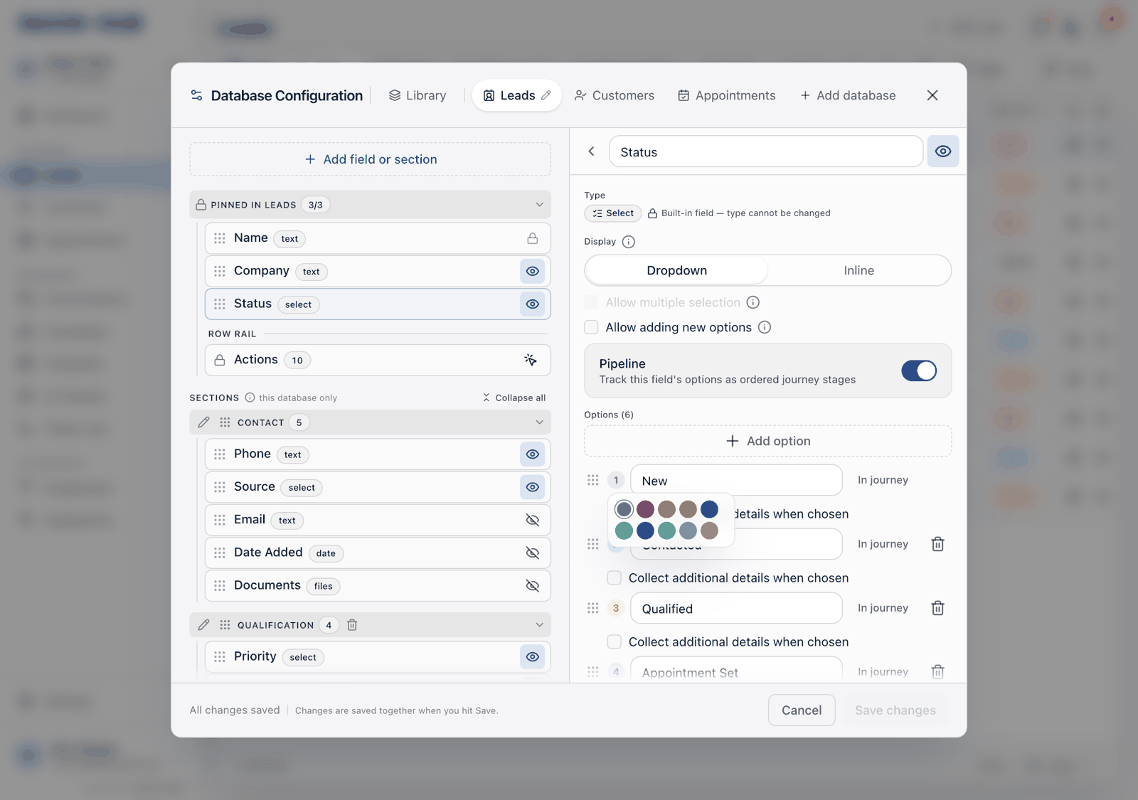 An option's colour popover open over the options list, showing ten named swatches