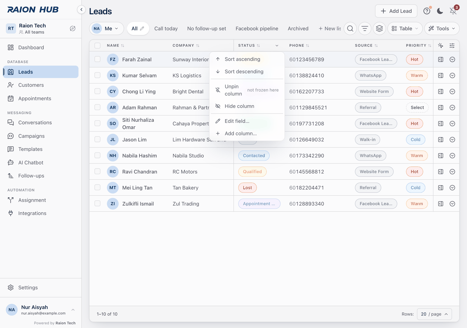 A table column header menu open, showing Pin column, Hide column, and below a divider Edit field and Add column