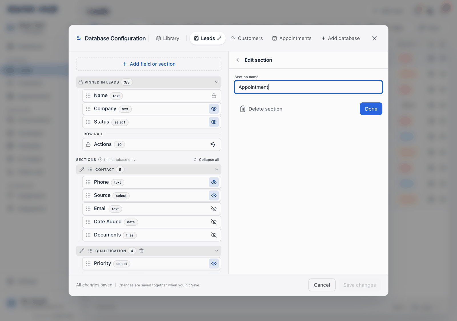 The Edit section pane with a Section name box, a red Delete section button and a Done button