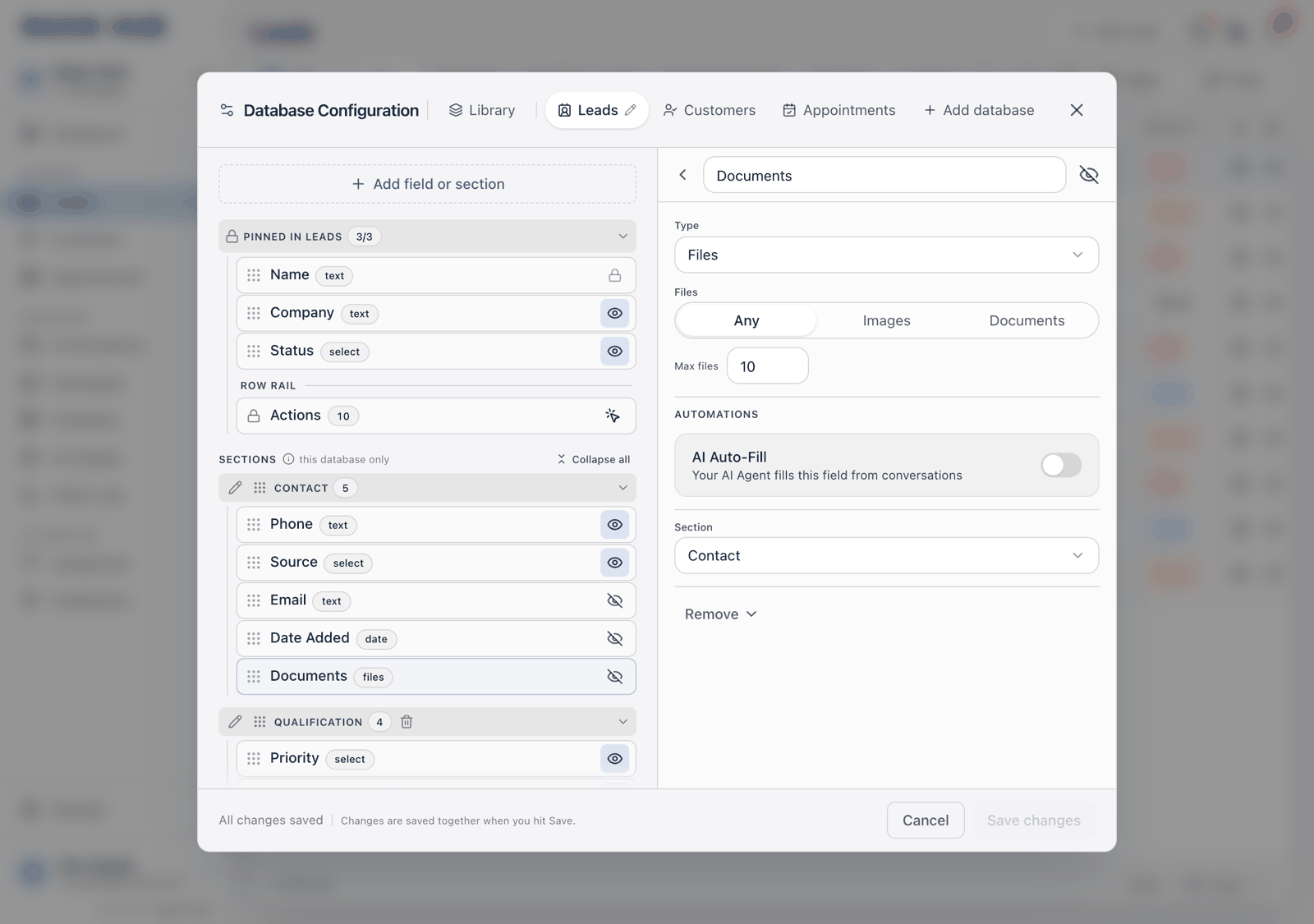 A Files field's settings showing the Any, Images and Documents choice and a Max files box with the placeholder No cap