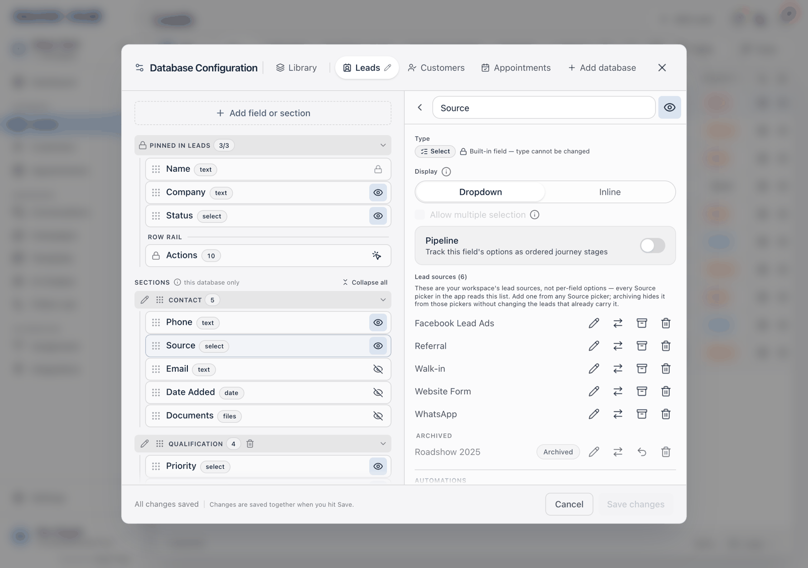The lead source manager shown in place of the options list when the Source field is open, listing each source with rename, merge, archive and delete controls