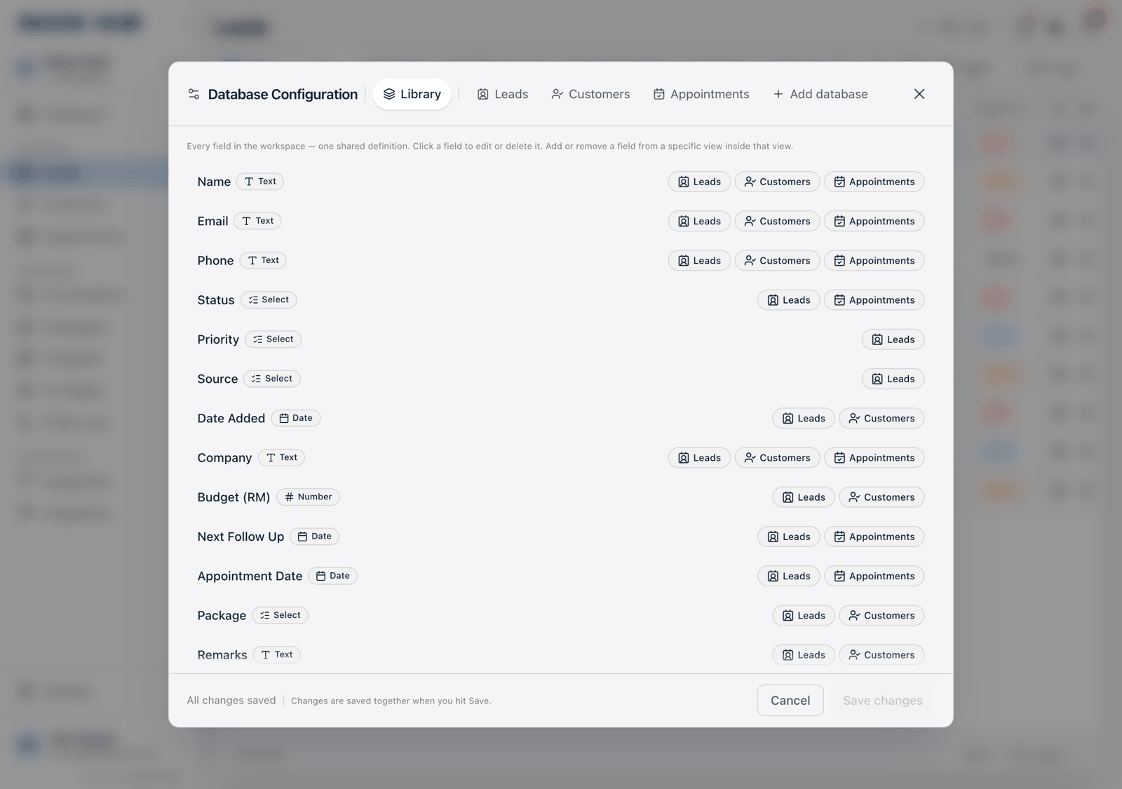 The Library list in Database Configuration, each row showing a field name, a type pill and chips naming the databases that show it