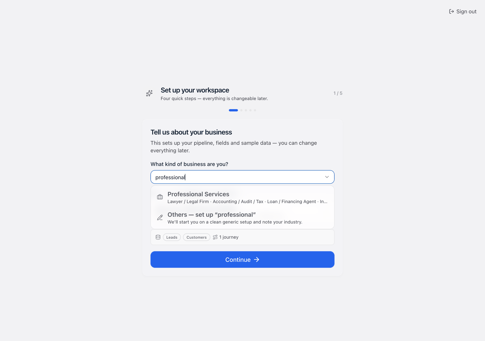 Typing professional into the business box: the list suggests Professional Services, and Others — set up professional