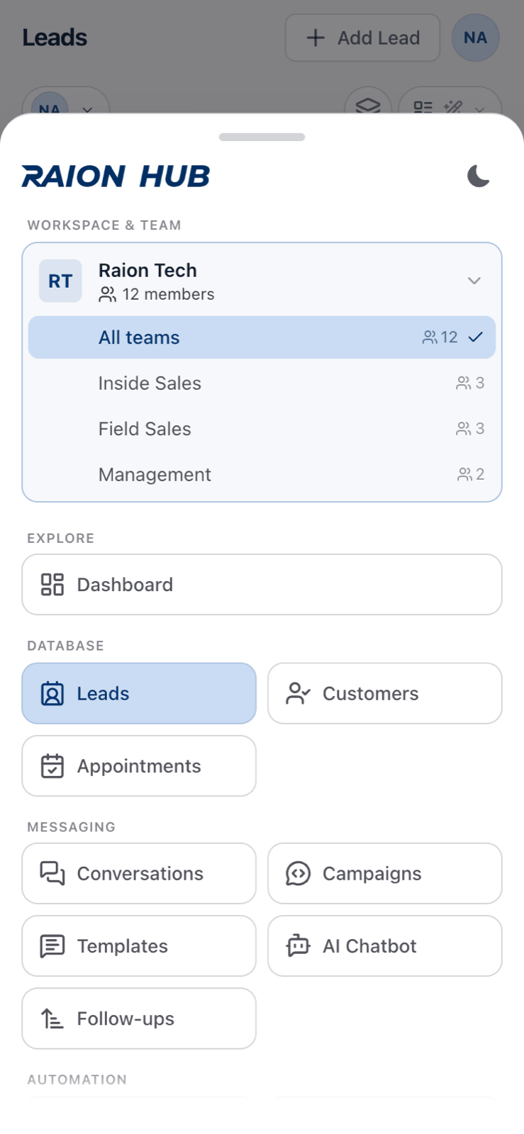 The Menu sheet open on a phone, showing the workspace switcher, nav tiles and the More group