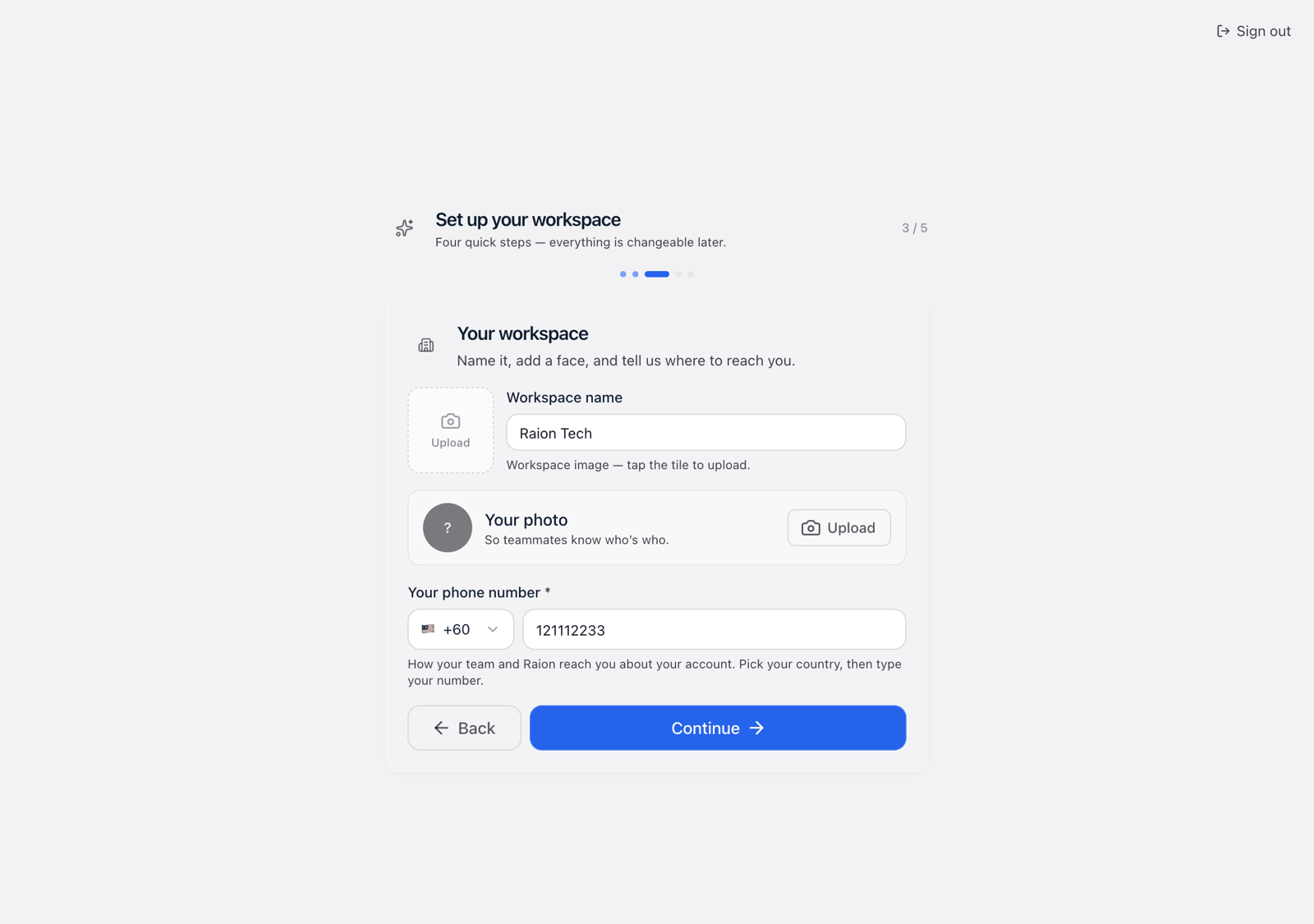 Step 3 of 5, Your workspace, with the image tile, the workspace name, Your photo with an Upload button, and the phone number field with a +60 country code