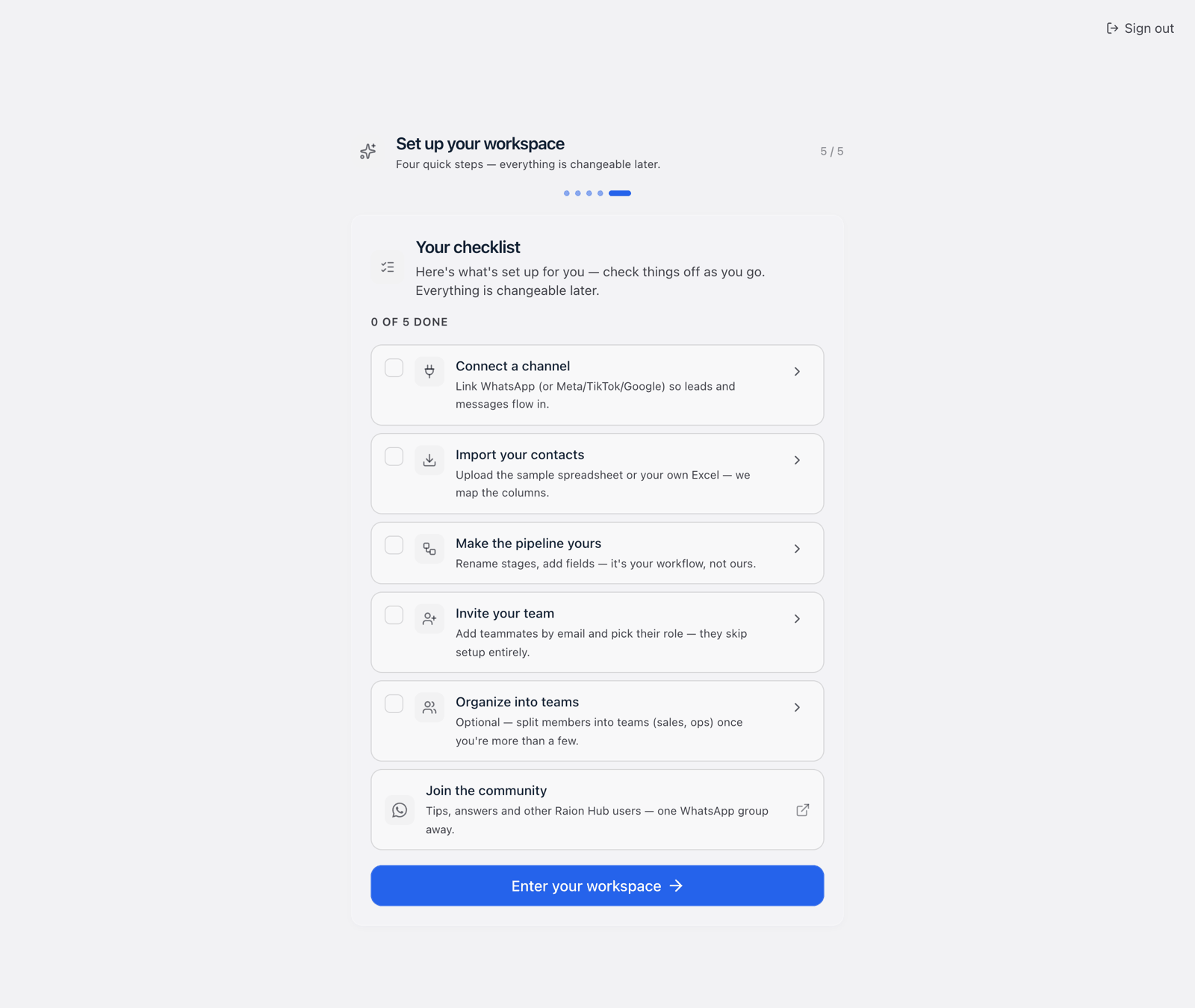 Step 5 of 5, Your checklist, 0 of 5 done: Connect a channel, Import your contacts, Make the pipeline yours, Invite your team and Organize into teams, then Join the community and the Enter your workspace button