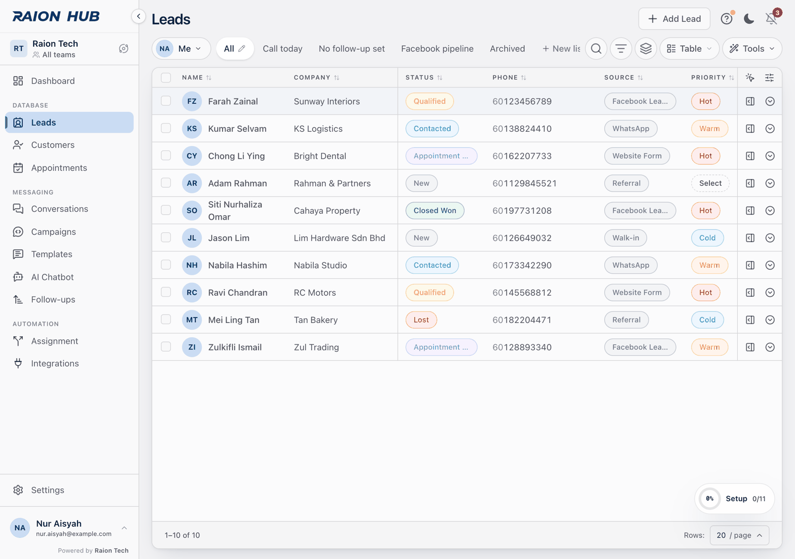The Leads list with the checklist shrunk to a small pill in the bottom-right corner reading 0% and Setup 0/11