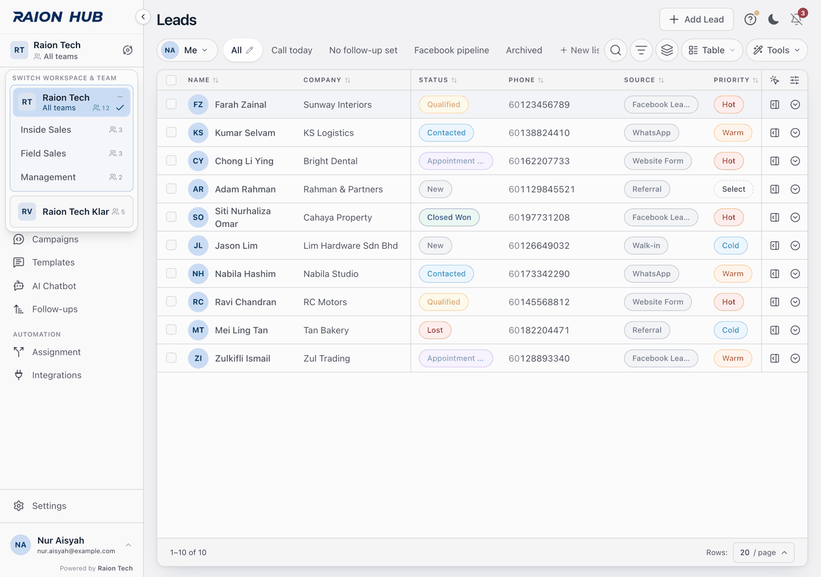 The sidebar workspace switcher open, showing workspaces each expanding to their teams