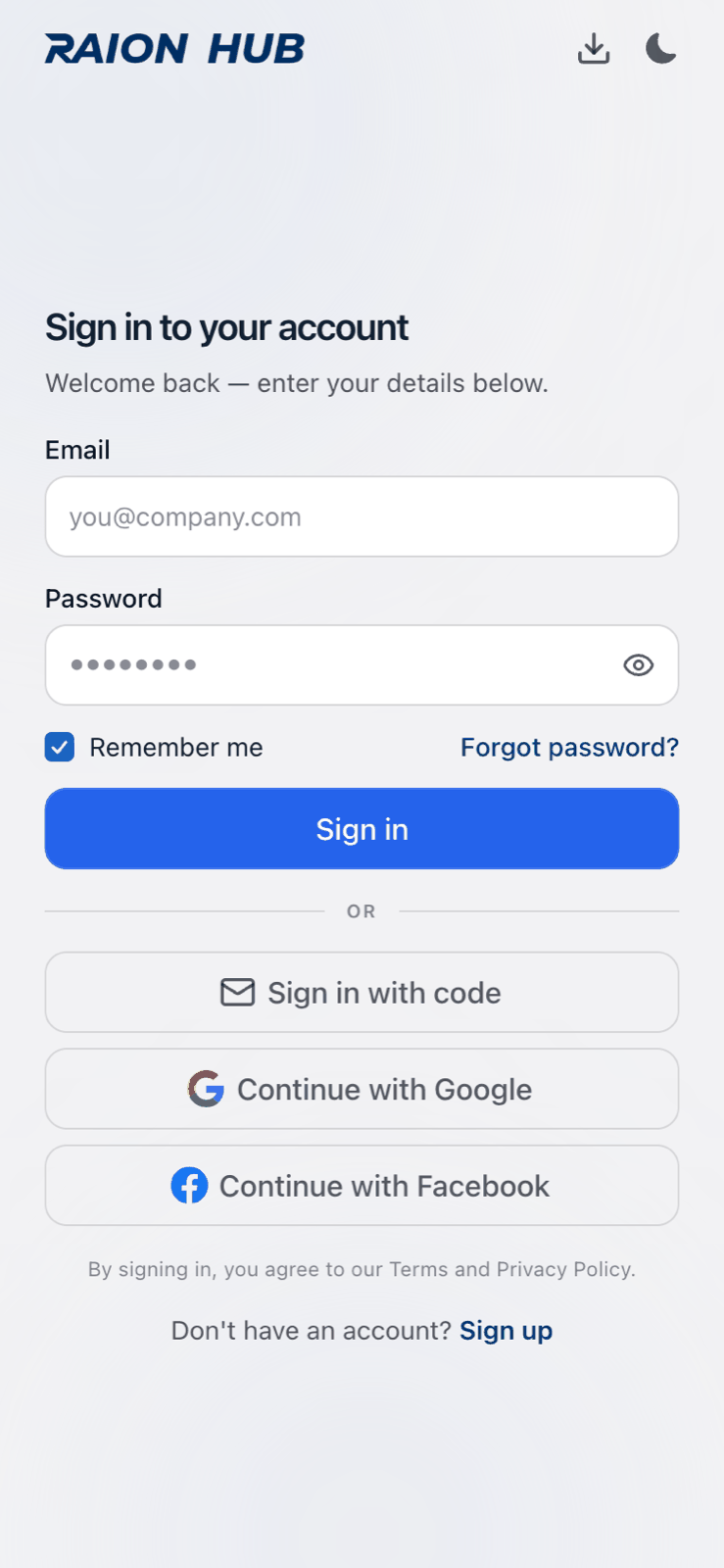 The sign-in screen on a phone, with the download-arrow install icon at the top right