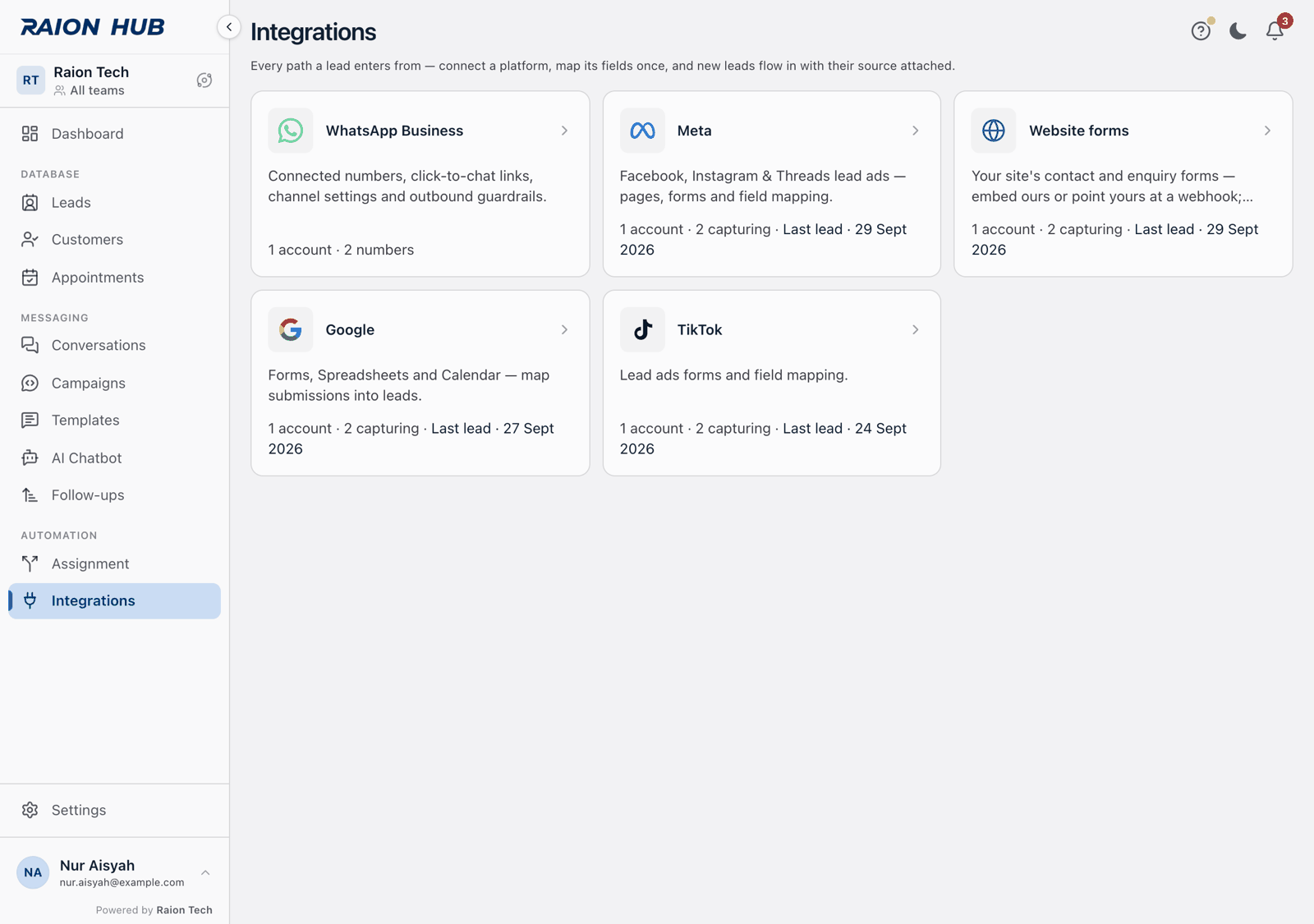 The Integrations page, with the Google card among the platform cards