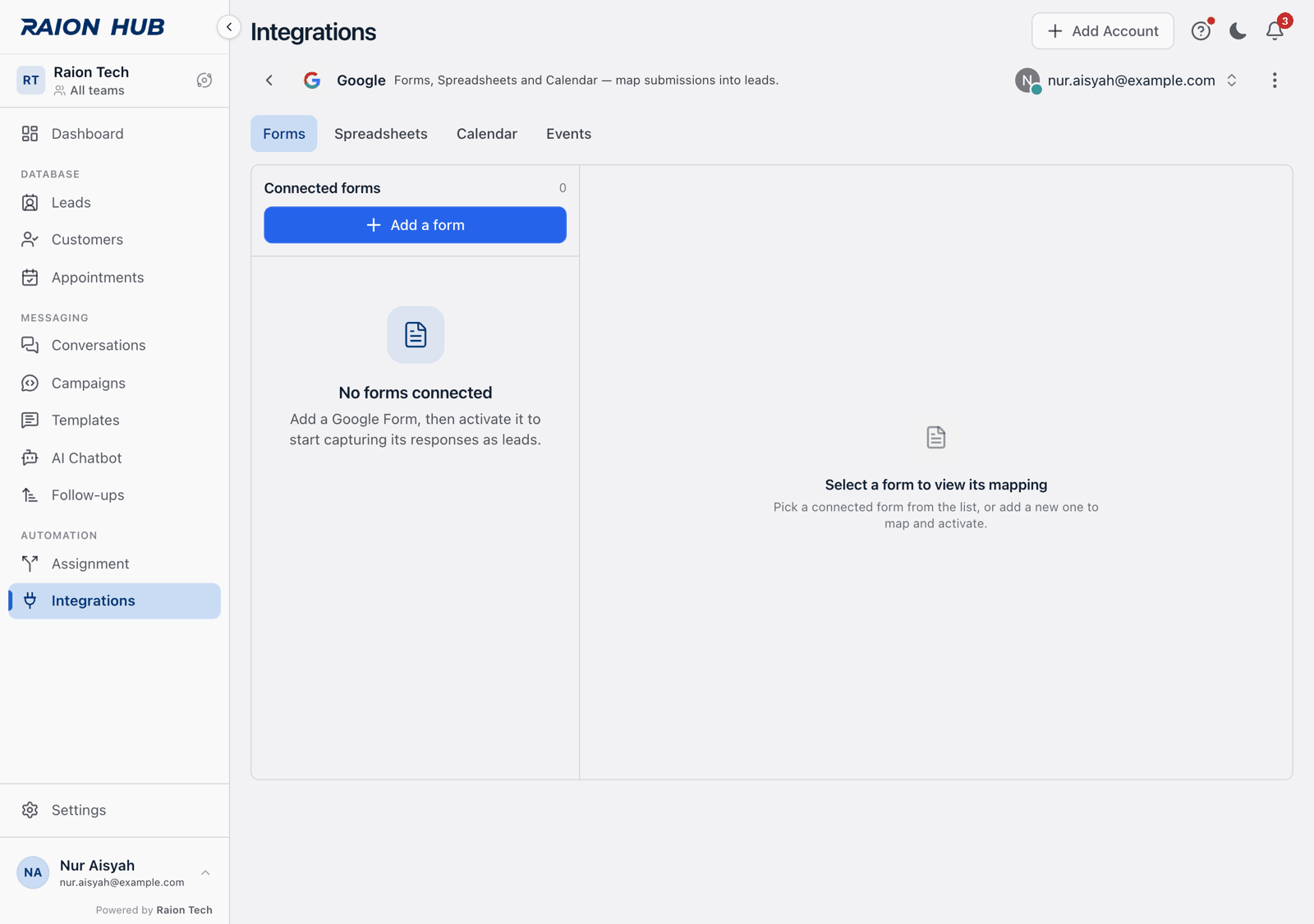 The Forms tab with the heading Connected forms, the empty state No forms connected, and the Add a form button