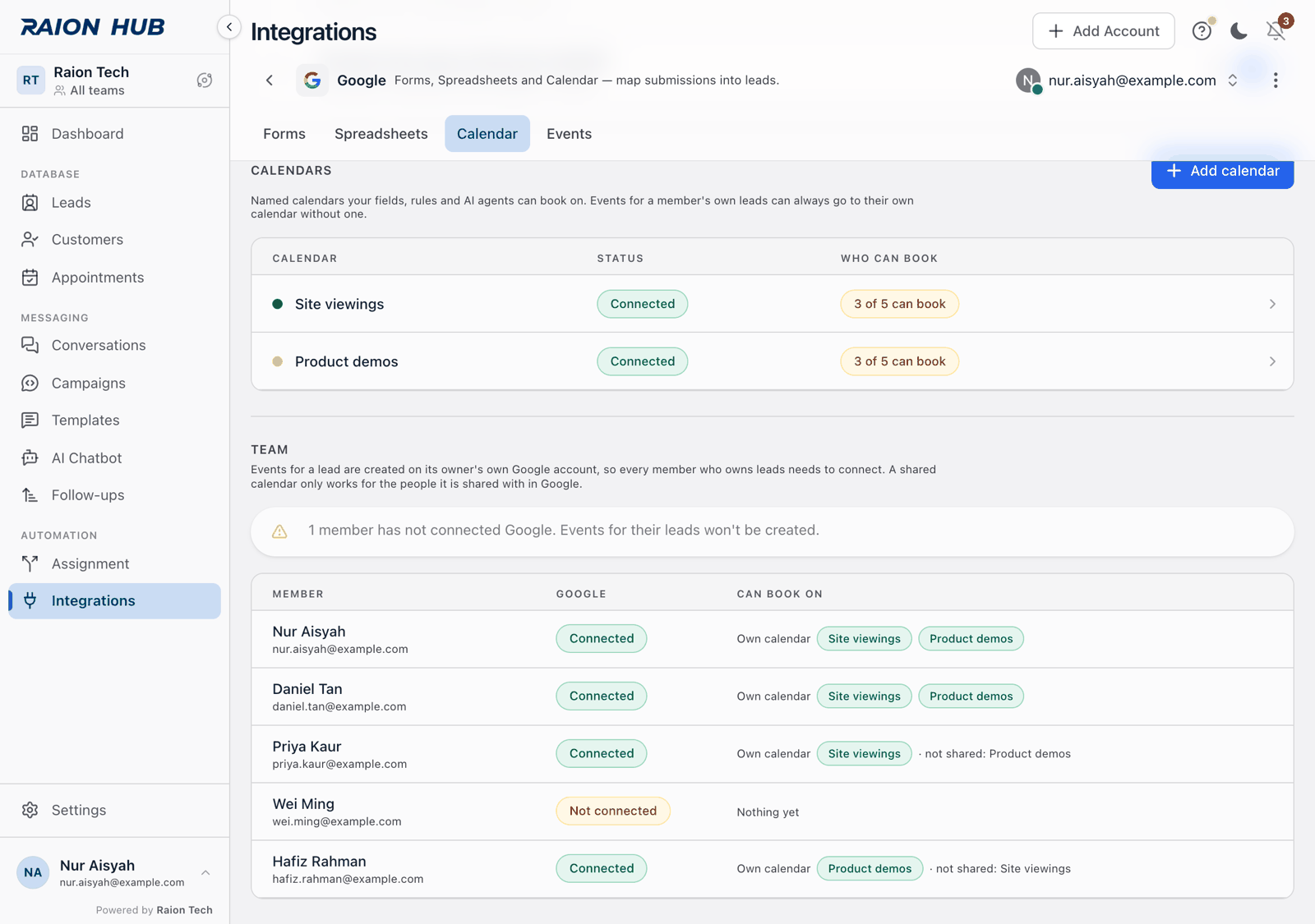 The Team section listing members with a Google column showing Connected and Not connected, and a Can book on column