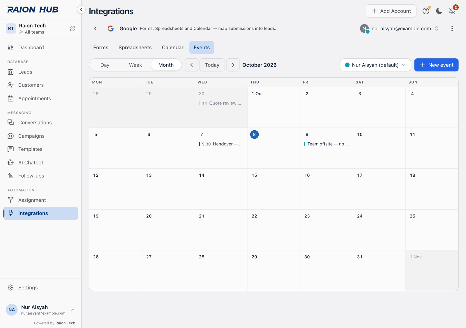 The Month grid on a computer, headed Mon to Sun, with event chips in the cells and a plus 2 more link