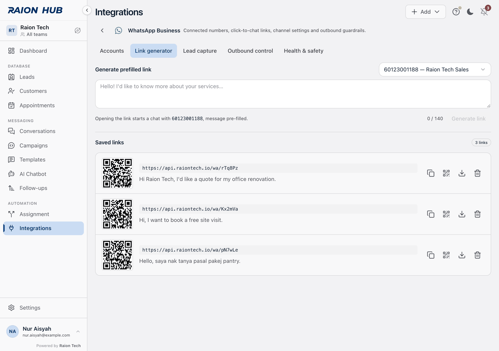 The Generate prefilled link composer with an account picker, message box, character counter and Generate link button