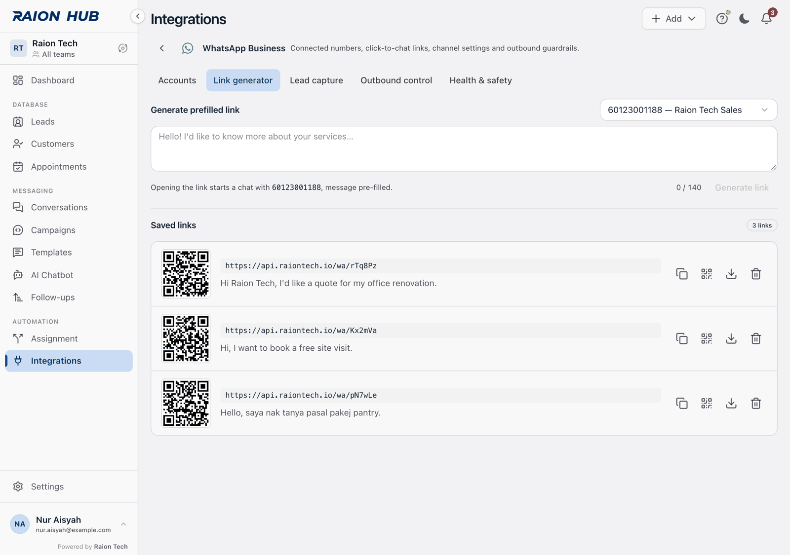 A saved link row showing its QR code, full URL, prefilled message and four icon buttons