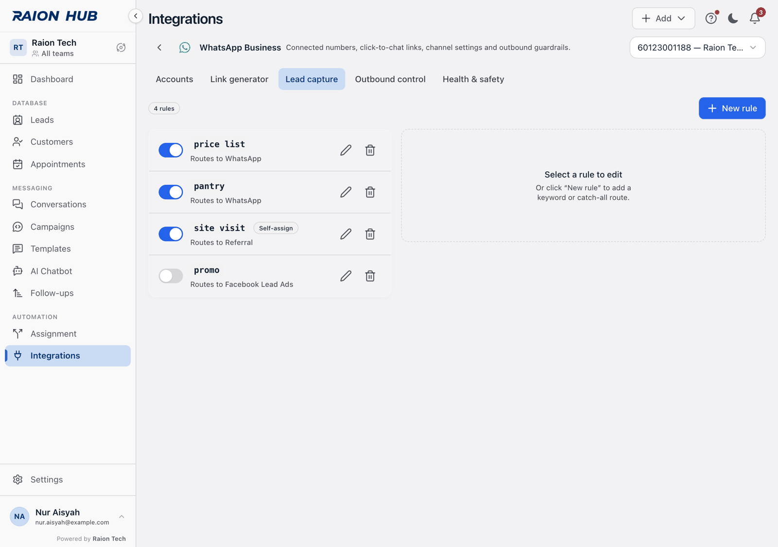 The Lead capture tab with a list of keyword rules on the left and the editor panel on the right
