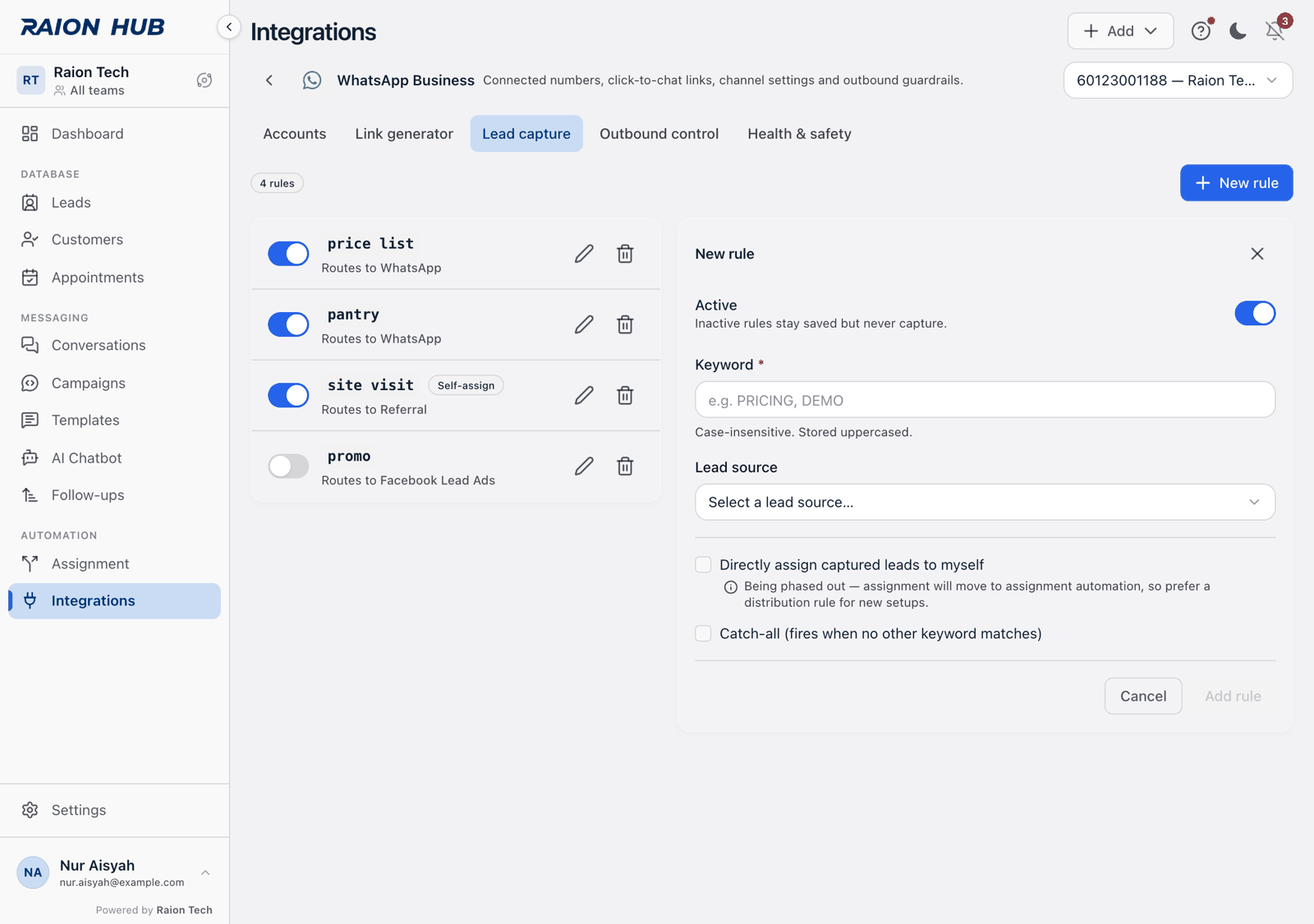 The rule editor with Active, Keyword, Lead source, the self-assign checkbox and the catch-all checkbox