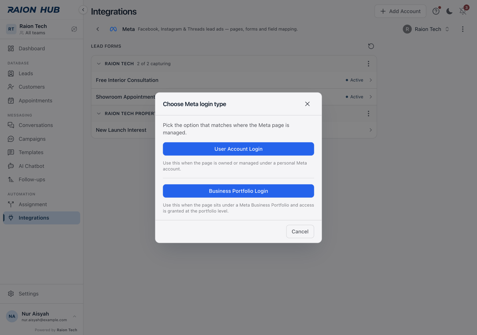 The Choose Meta login type dialog, with a User Account Login and a Business Portfolio Login button, each with a caption