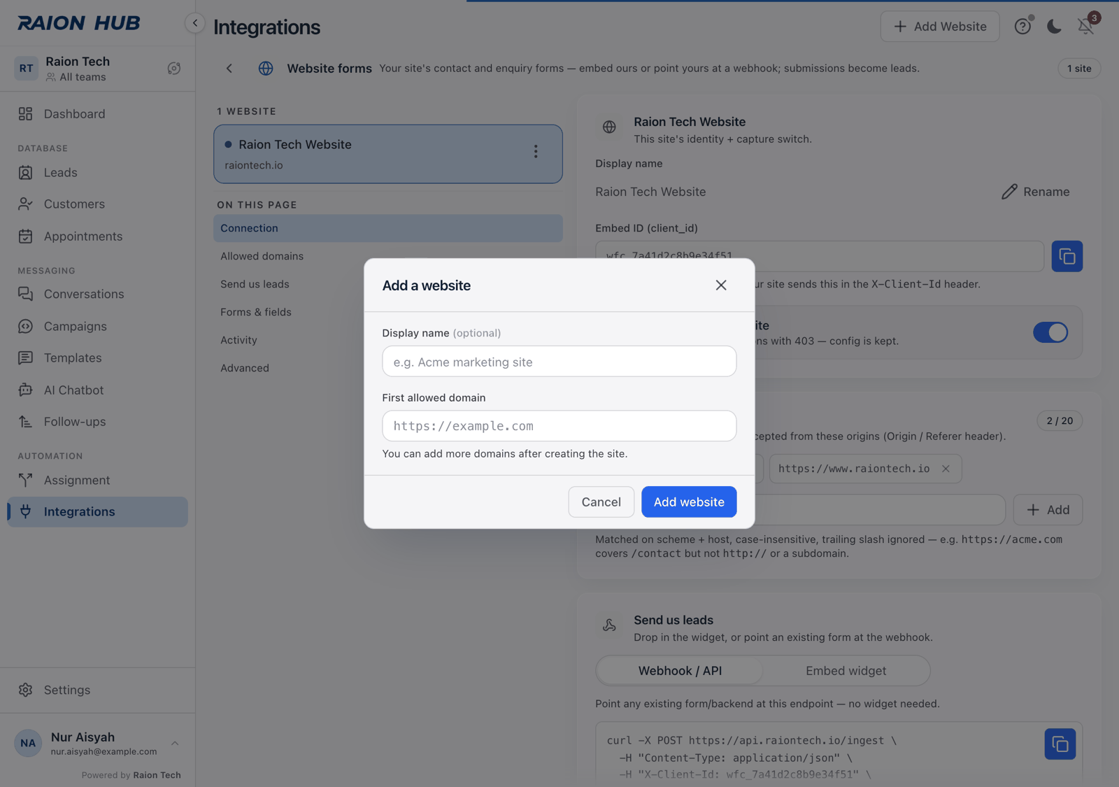 The Add a website dialog, with an optional Display name field and a First allowed domain field